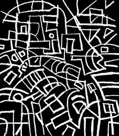 Mass Hysteria, Chalkboard-Serie, Abstraktes Gemälde mit geometrischen Linien