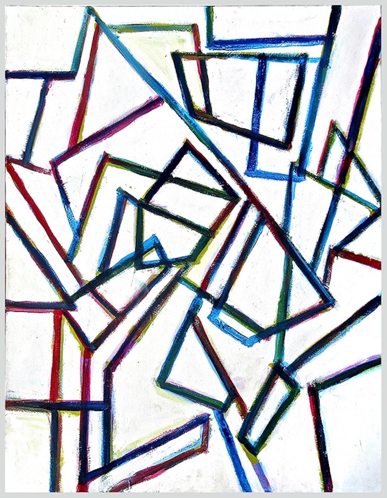 Taking Off, Chromatic Collision Series, Abstract Geometric Line Painting - Gray Abstract Painting by Robert Petrick