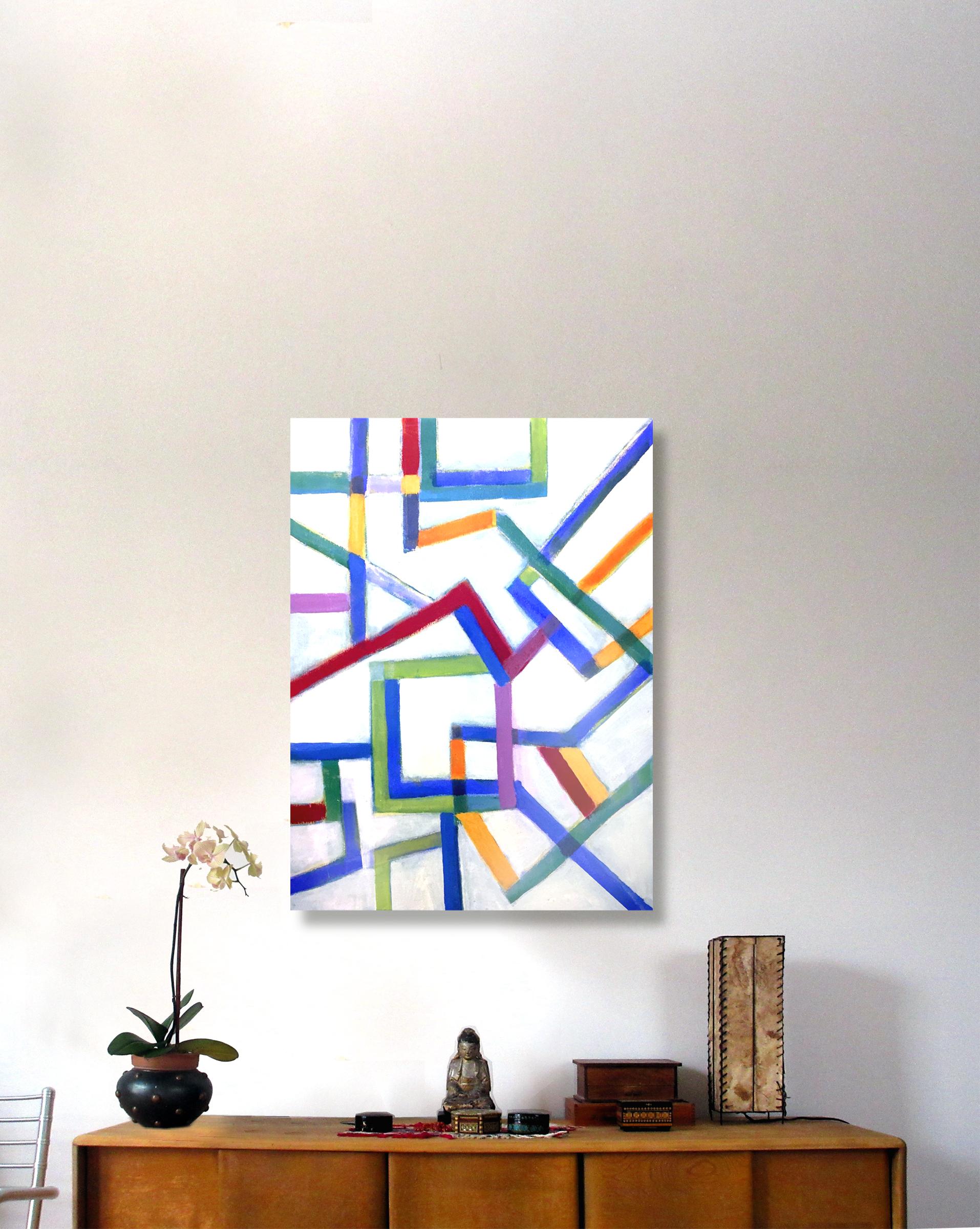 Plan B, série Chromatic Collision, peinture à la ligne géométrique abstraite - Géométrique abstrait Painting par Robert Petrick