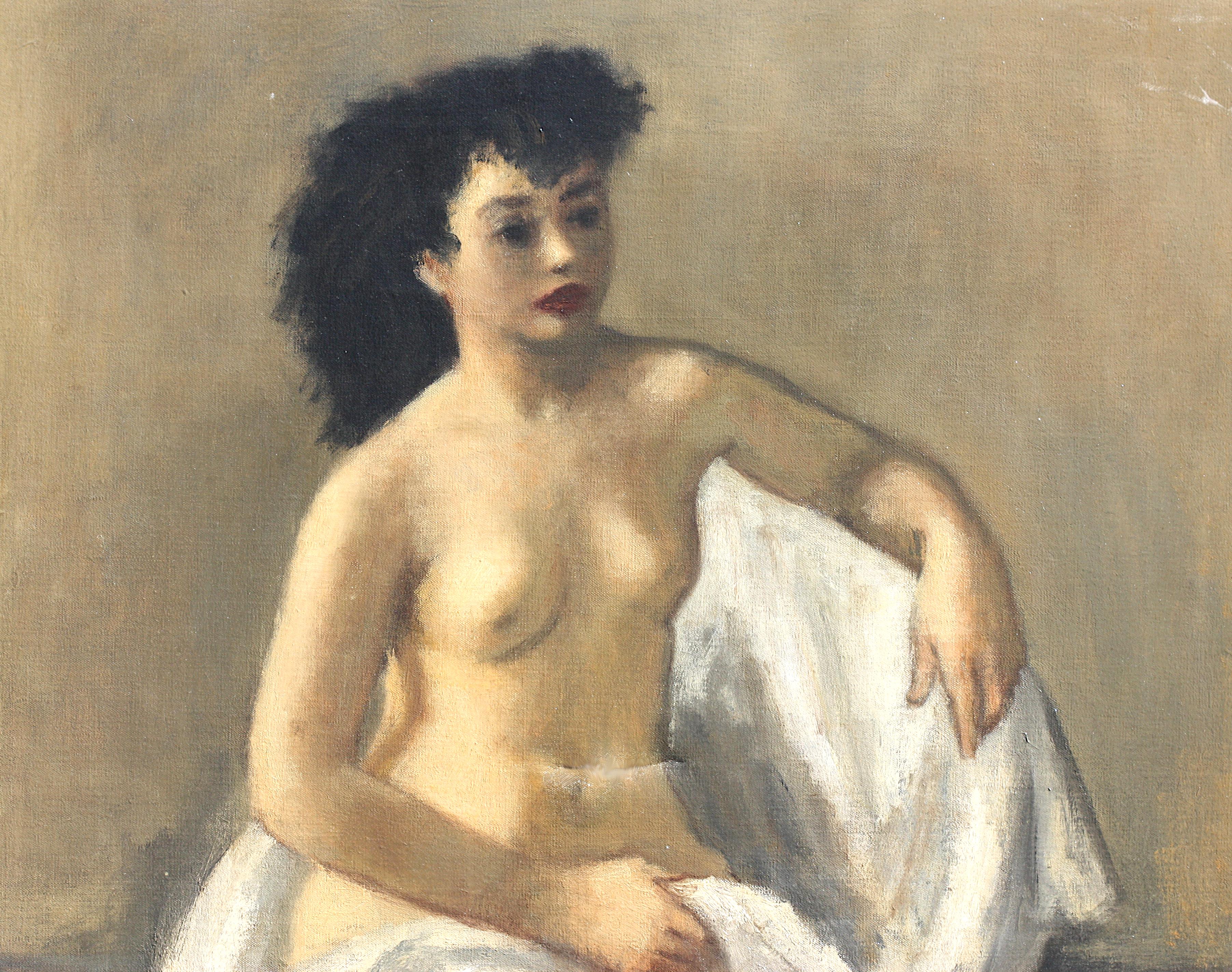 
Robert Philipp, (American, 1904-1992)
Seated Female Nude, appears to be signed and dated, lower right, oil on canvas
20 by 24 in., overall, 26 by 30 in.
Condition Report
3 inch tear mid center