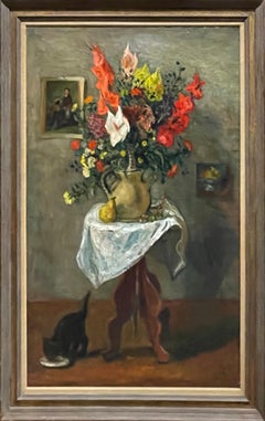 "Flowers on a Table with a Cat, " Robert Philipp, Still Life with Black Kitten