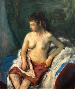"Retrato de mujer desnuda sentada" Pintura impresionista americana Óleo sobre tabla