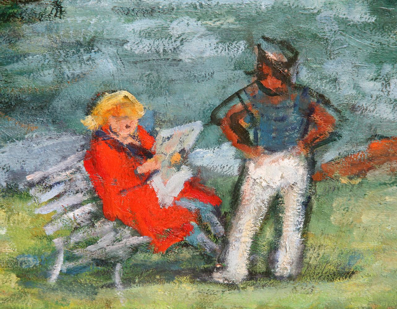 Marinero y mujer leyendo, pintura al óleo impresionista de Robert Philipp en venta 1
