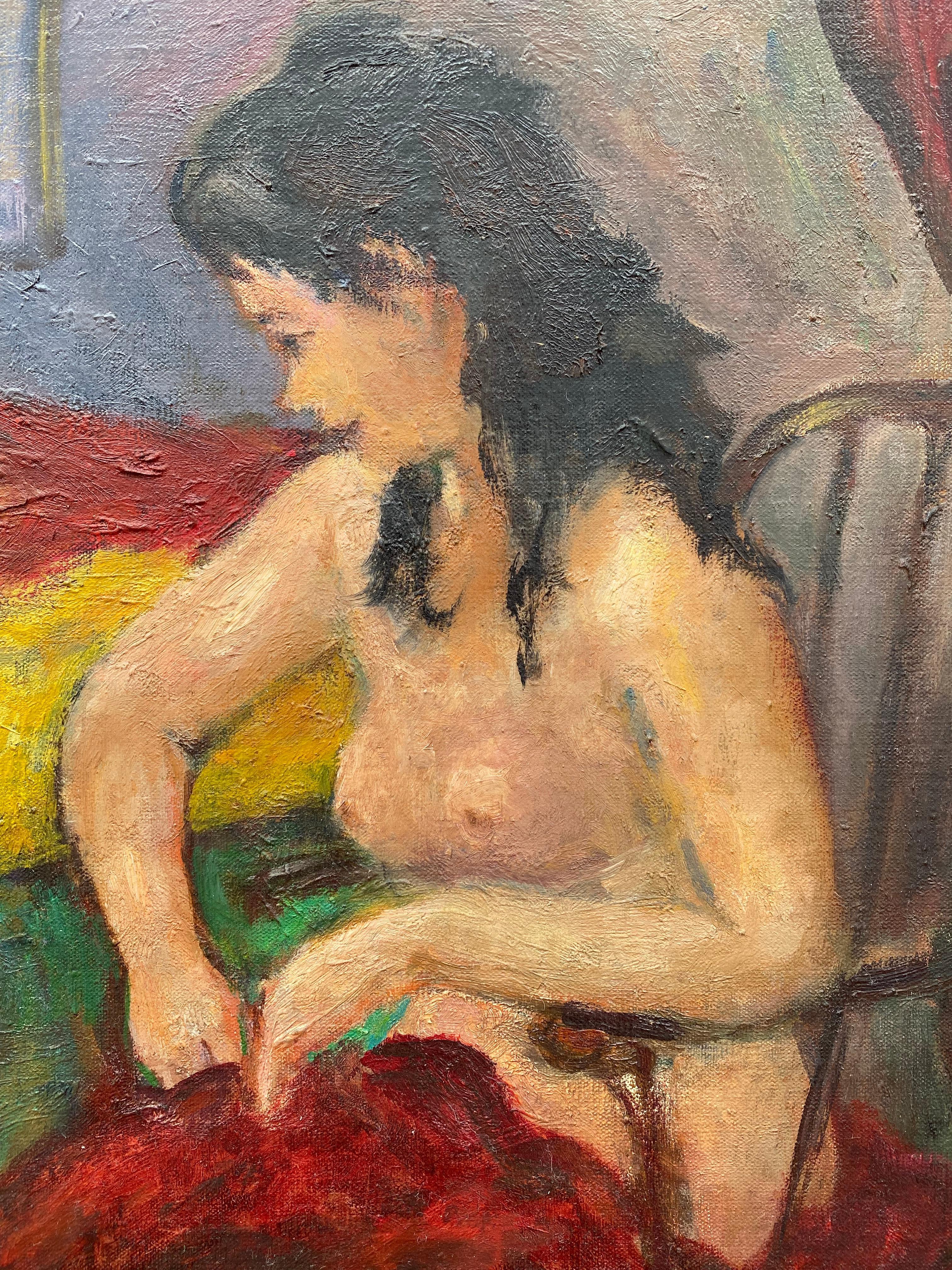 Beautifully painted original oil on canvas painting of a seated nude by the American artist, Robert Philipp.  Signed lower right. Signed, dated and titled verso.  Condition is excellent.  Gallery gold leaf frame in fine condition.  Overall framed
