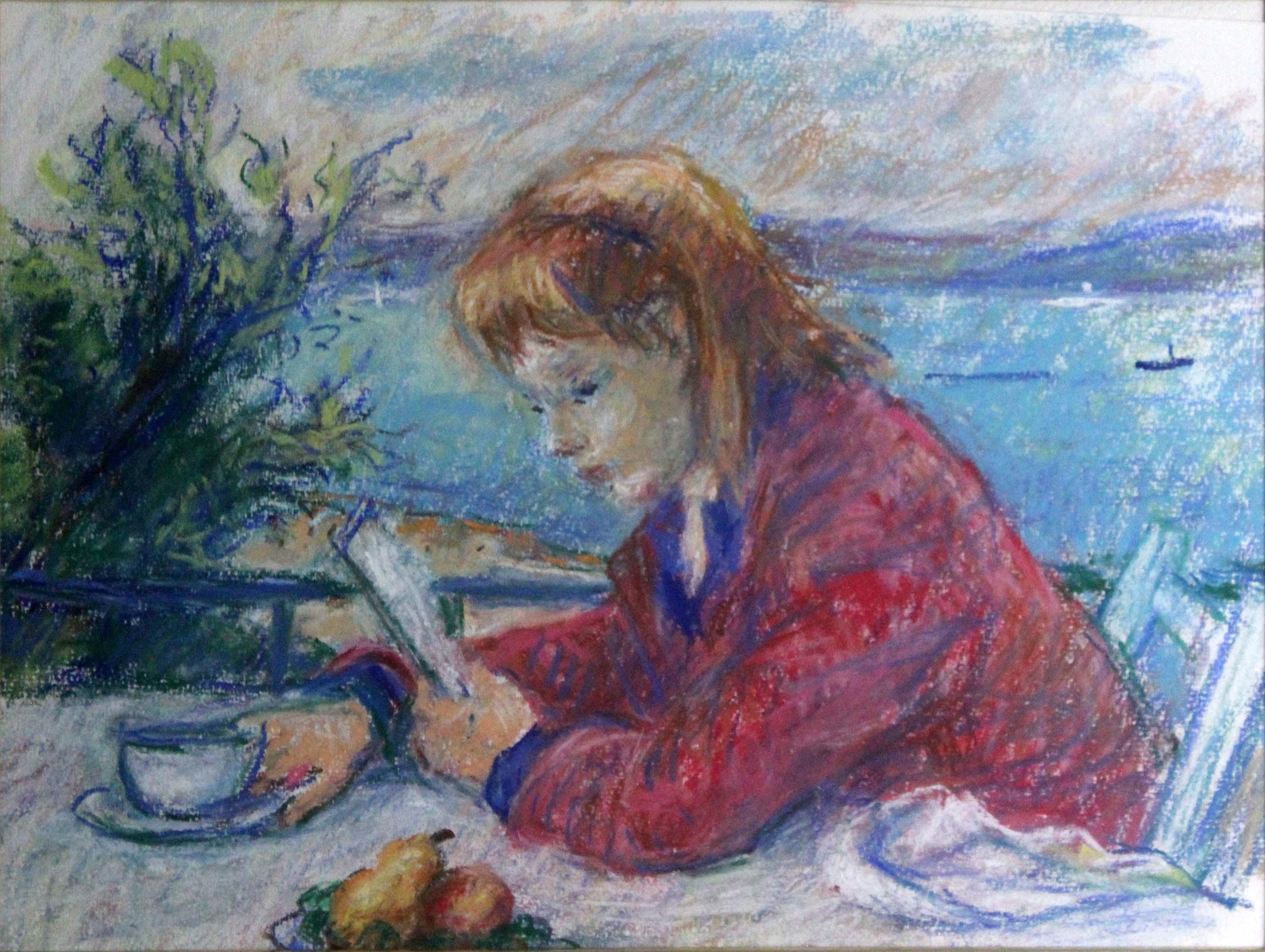 A lovely unique one-of-a-kind pastel on paper titled The Letter by Robert Philipp. A wonderful example of the artist's signature impressionistic style. The woman is seen reading a letter while drinking a cup of tea with gorgeous views of the water.