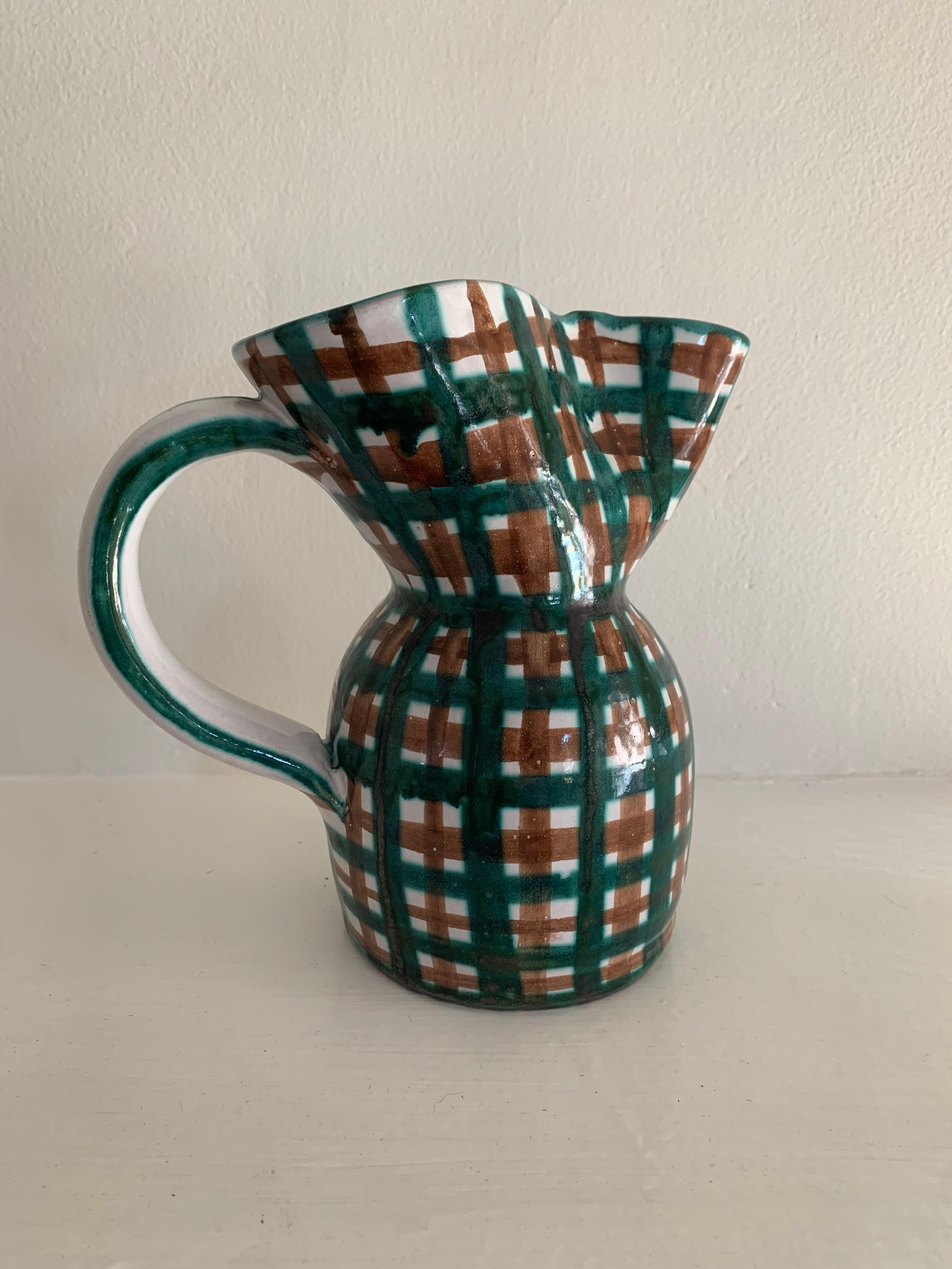 Ceramica Robert Picault (1919-2000) Brocca in ceramica con motivo a quadri, Vallauris, Francia, anni '50 in vendita