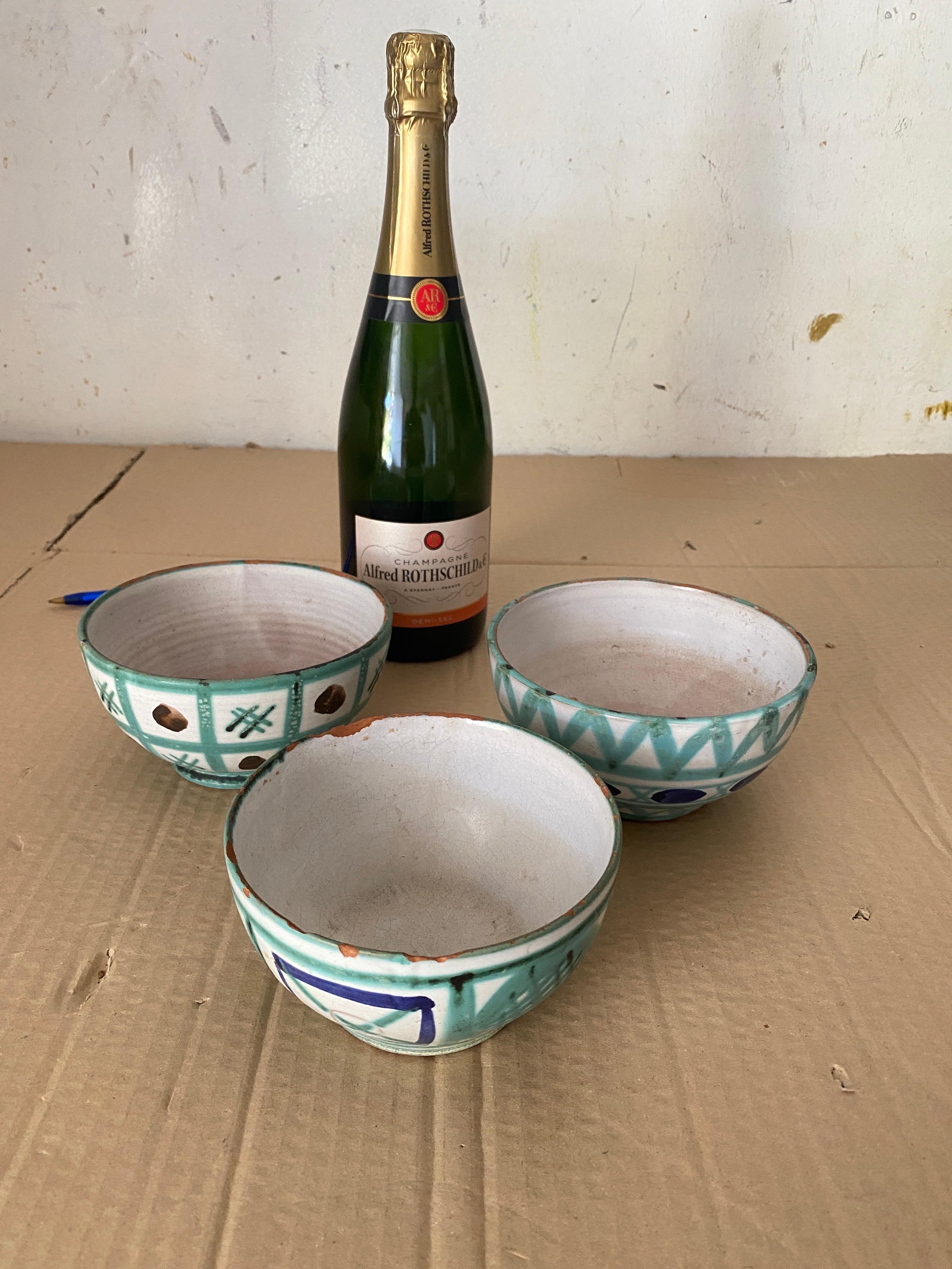 Robert Picault Ceramic bowls Green Blue and Brown Color France 1950 Set of 3 For Sale 3