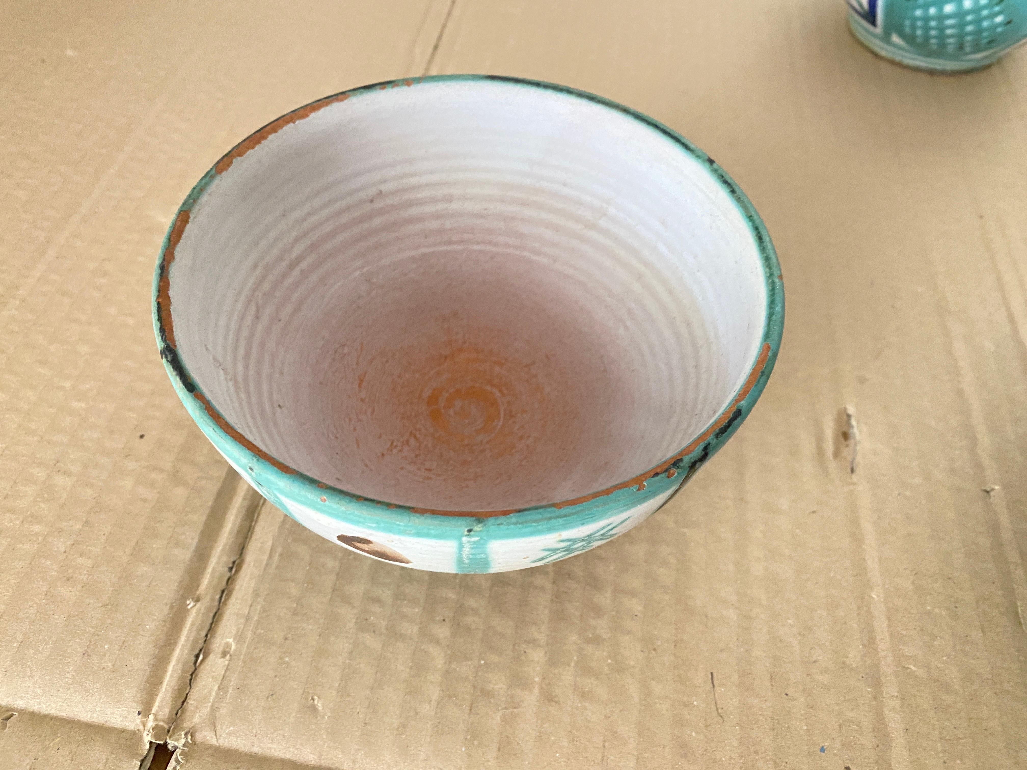 French Robert Picault Ceramic bowls Green Blue and Brown Color France 1950 Set of 3 For Sale
