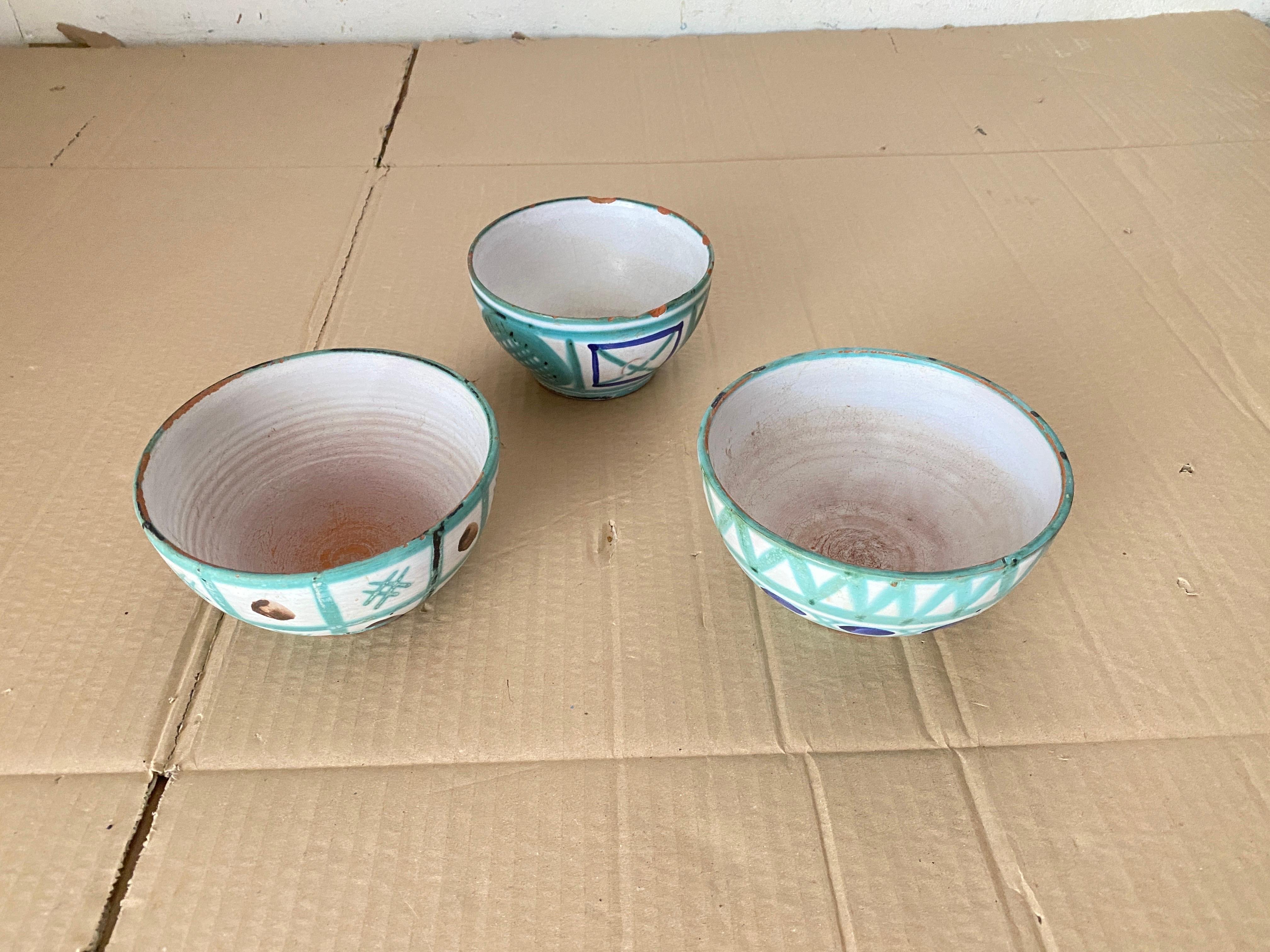 Robert Picault Ceramic bowls Green Blue and Brown Color France 1950 Set of 3 For Sale 1