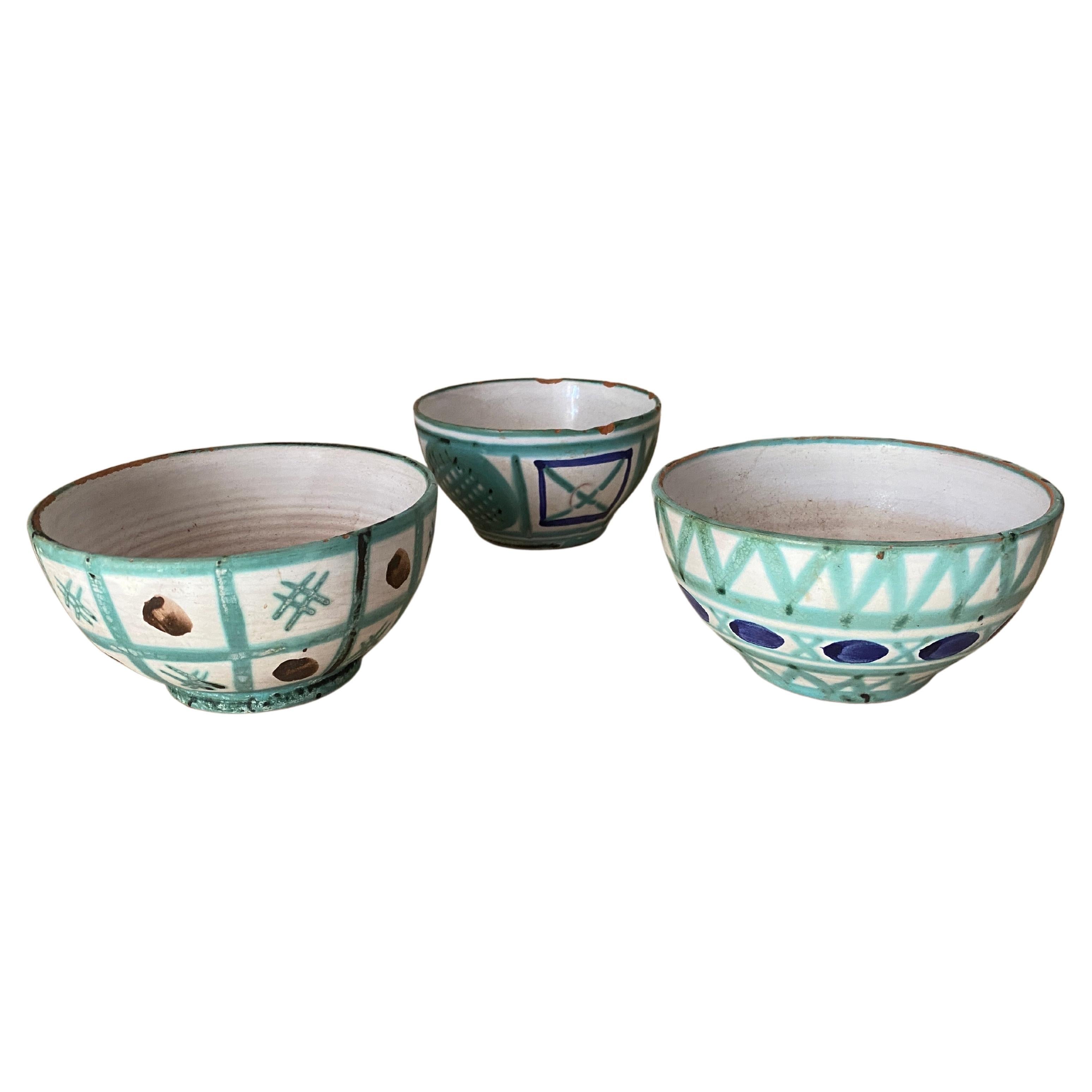 Robert Picault Ceramic bowls Green Blue and Brown Color France 1950 Set of 3