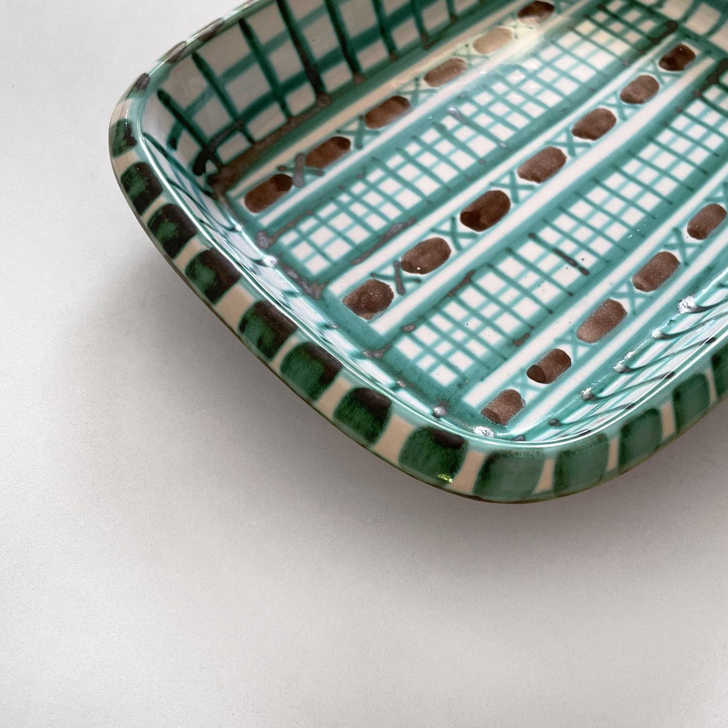 Robert Picault French ceramic tray
France, circa 1950’s 
Vibrant pattern, color, and design
Small flea bite to the under side
Patina from age and use
Marked identification
Additional Robert Picault pieces are available, please see other