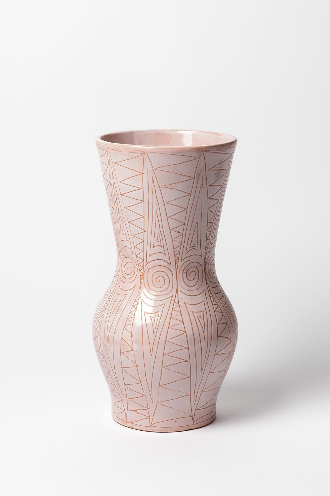 Mid-Century Modern Robert Picault Large XXth Century Design Pink Ceramic Vase Vallauris, 1950