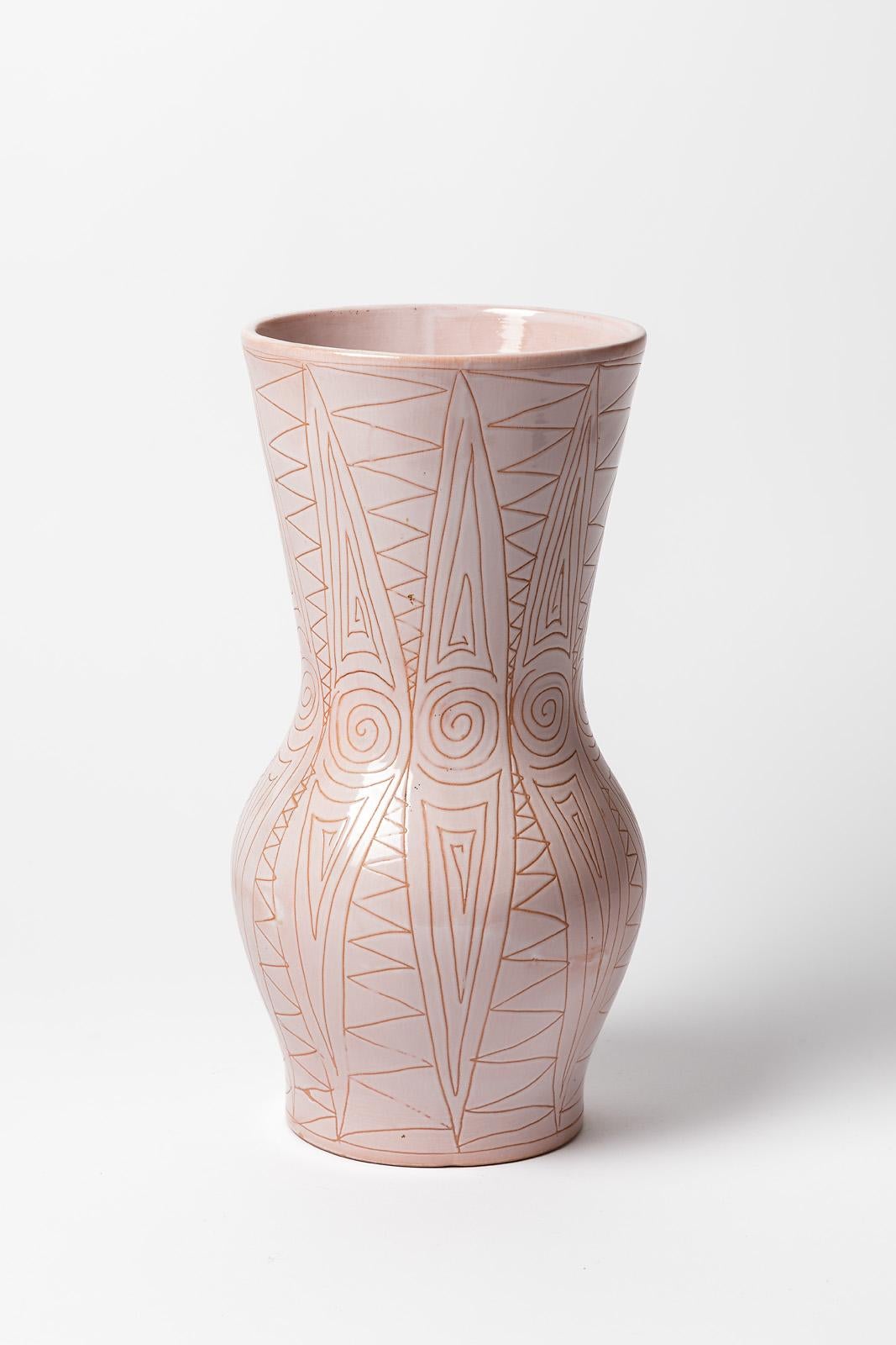 French Robert Picault Large XXth Century Design Pink Ceramic Vase Vallauris, 1950