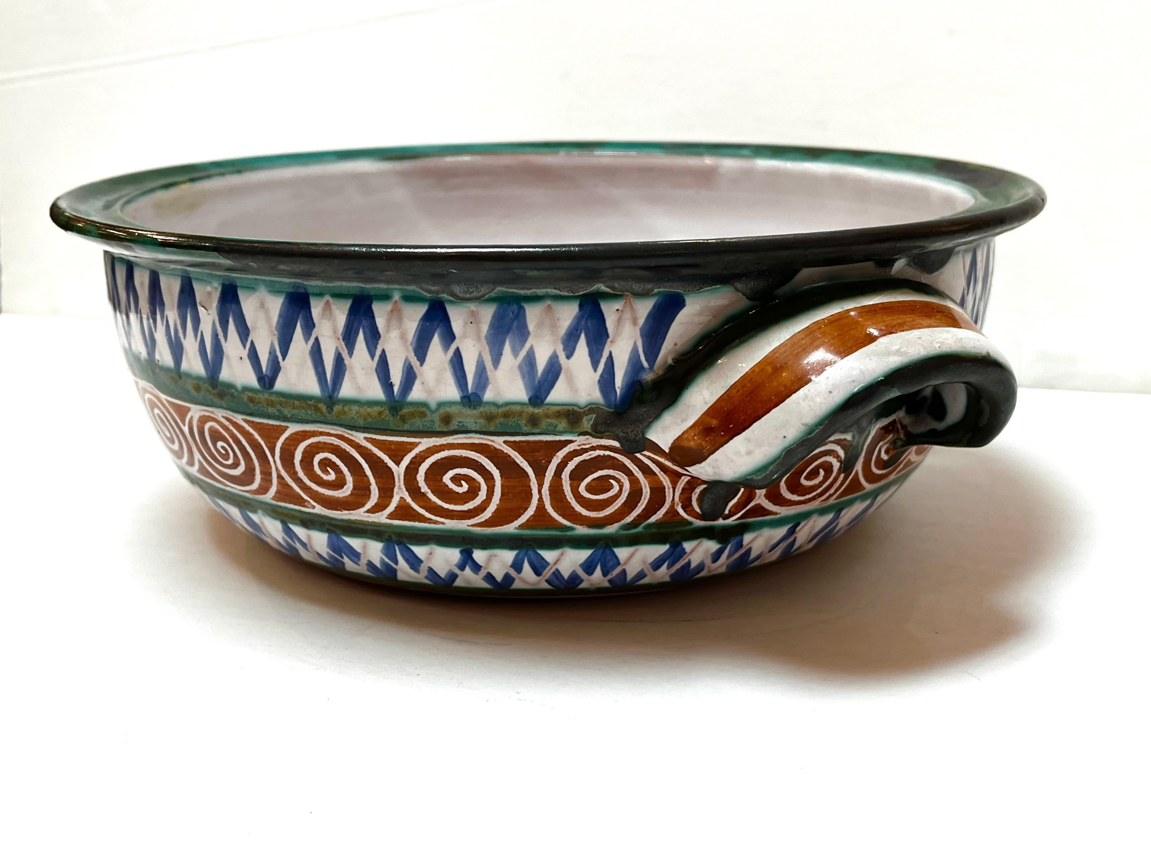 Fired Robert Picault Mid Century French Hand Painted Double Handled Dish Vallauris For Sale