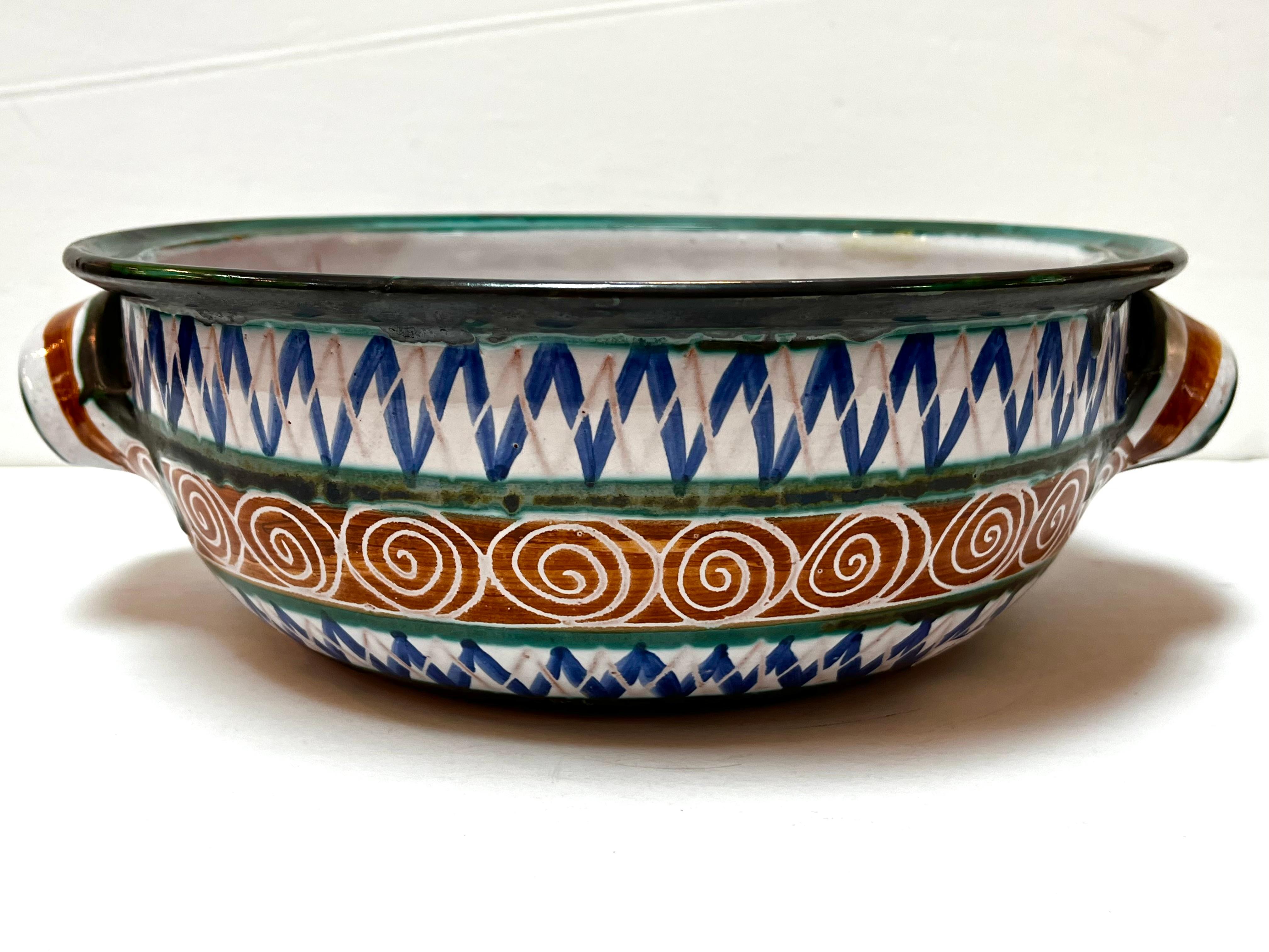 Robert Picault Mid Century French Hand Painted Double Handled Dish Vallauris In Good Condition For Sale In Atlanta, GA
