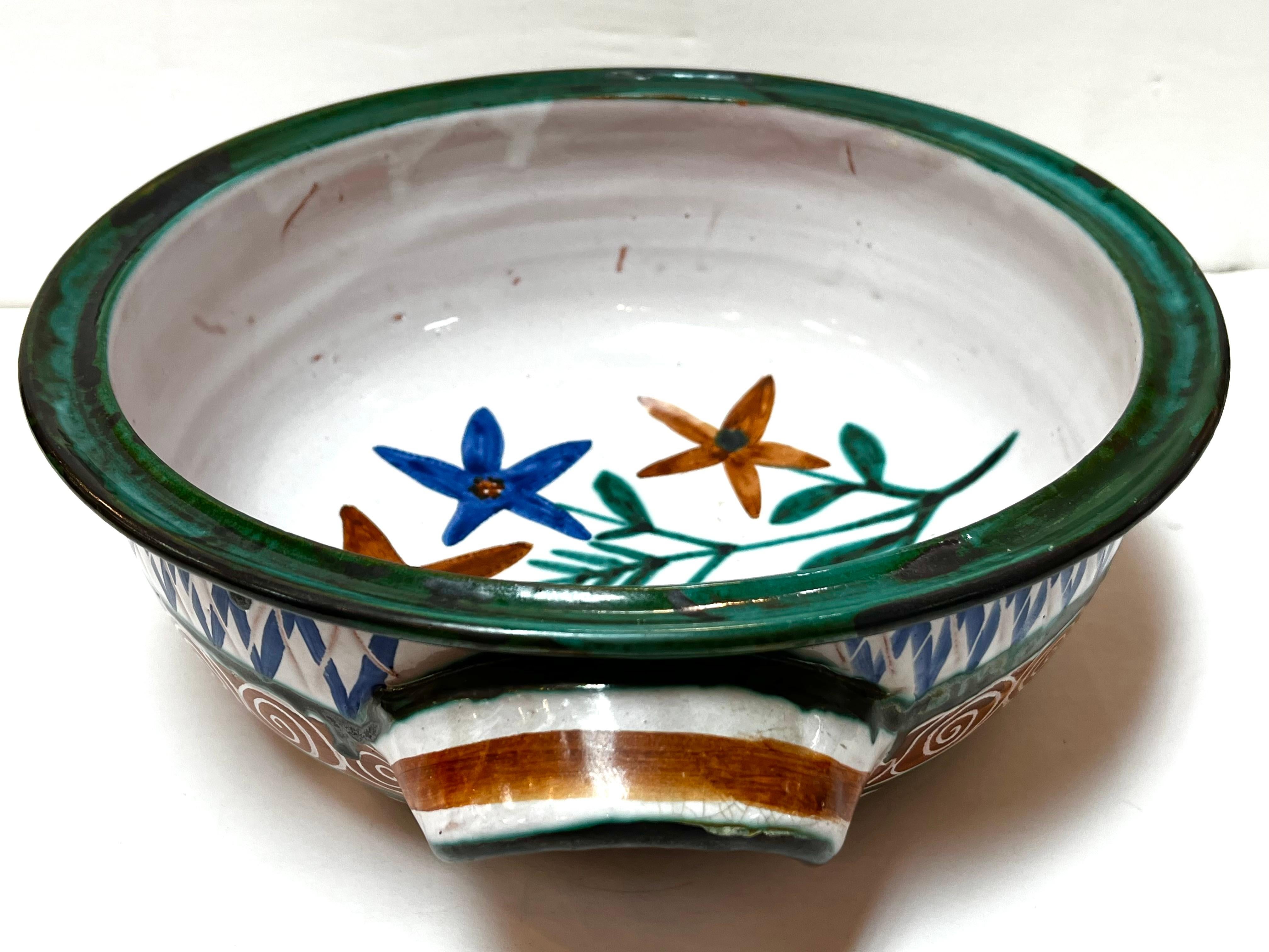 Ceramic Robert Picault Mid Century French Hand Painted Double Handled Dish Vallauris For Sale