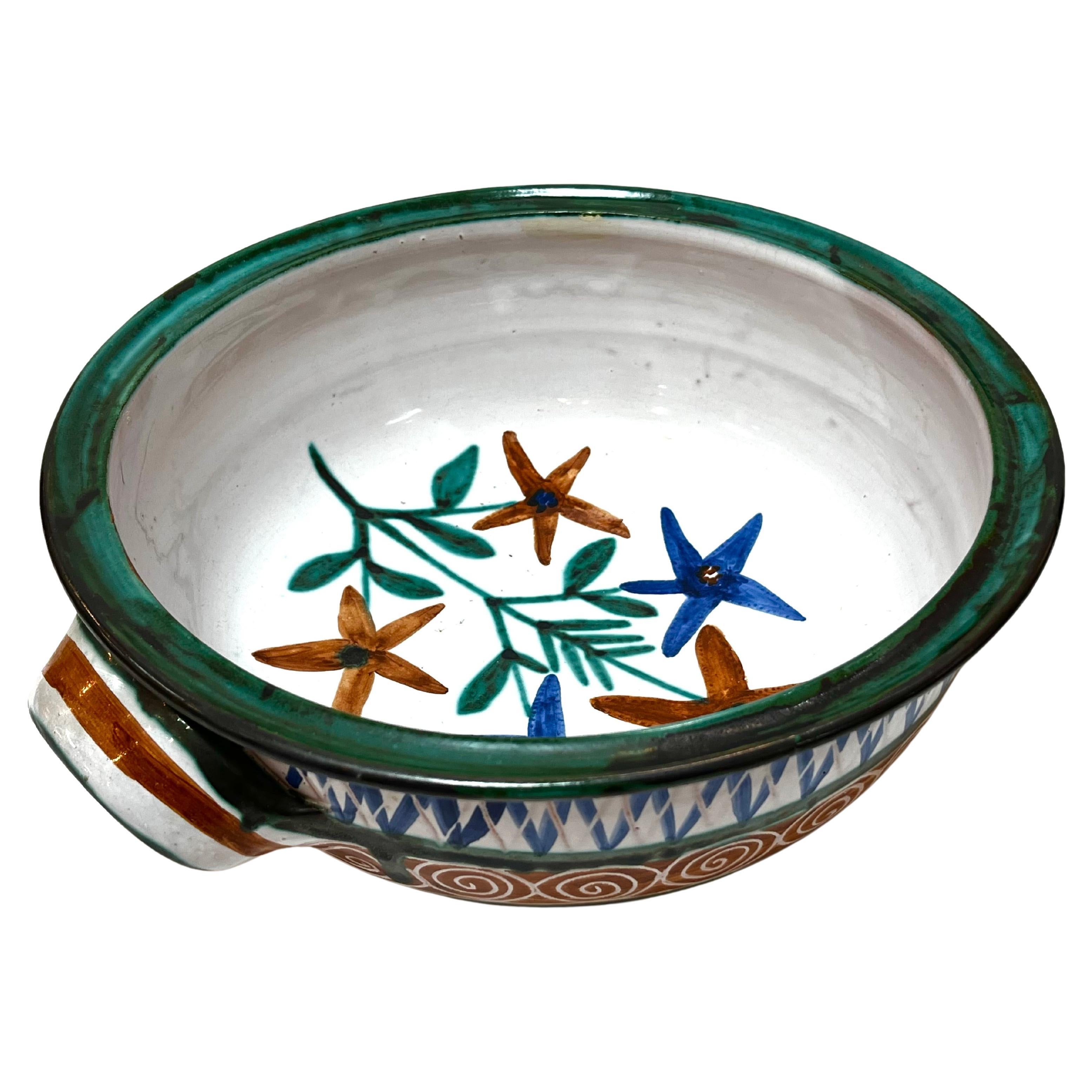 Robert Picault Mid Century French Hand Painted Double Handled Dish Vallauris For Sale