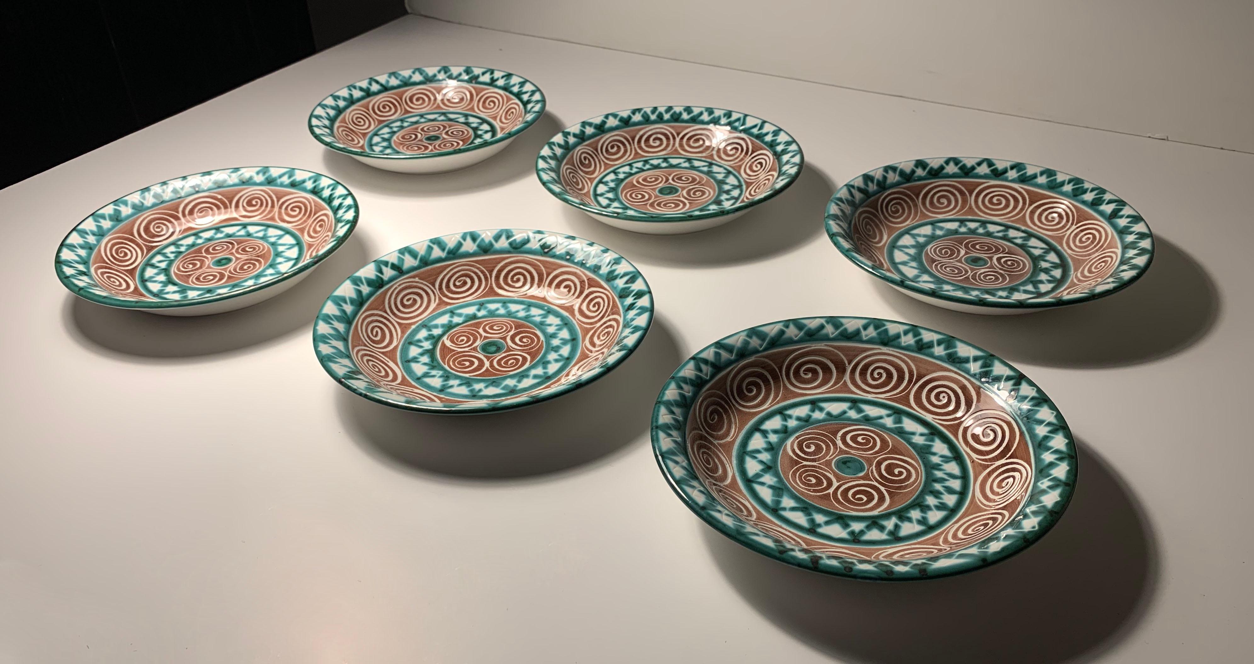Mid-Century Modern Robert Picault Set of 6 Shallow Bowl Plates For Sale