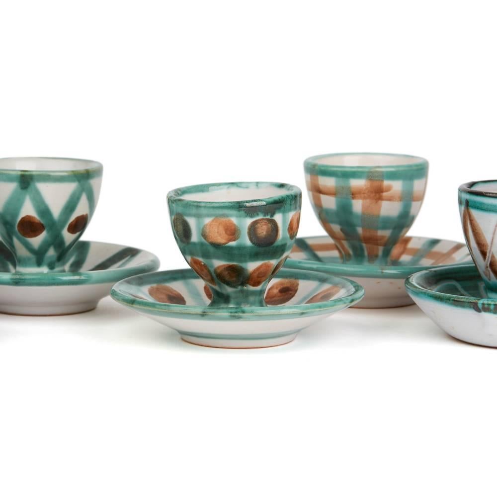 Mid-Century Modern Robert Picault Vallauris Six Art Pottery Teal Eggcups, 1950s