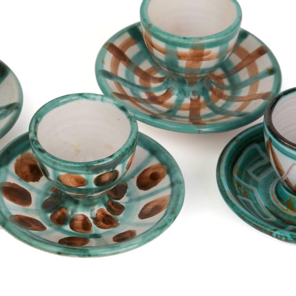 French Robert Picault Vallauris Six Art Pottery Teal Eggcups, 1950s