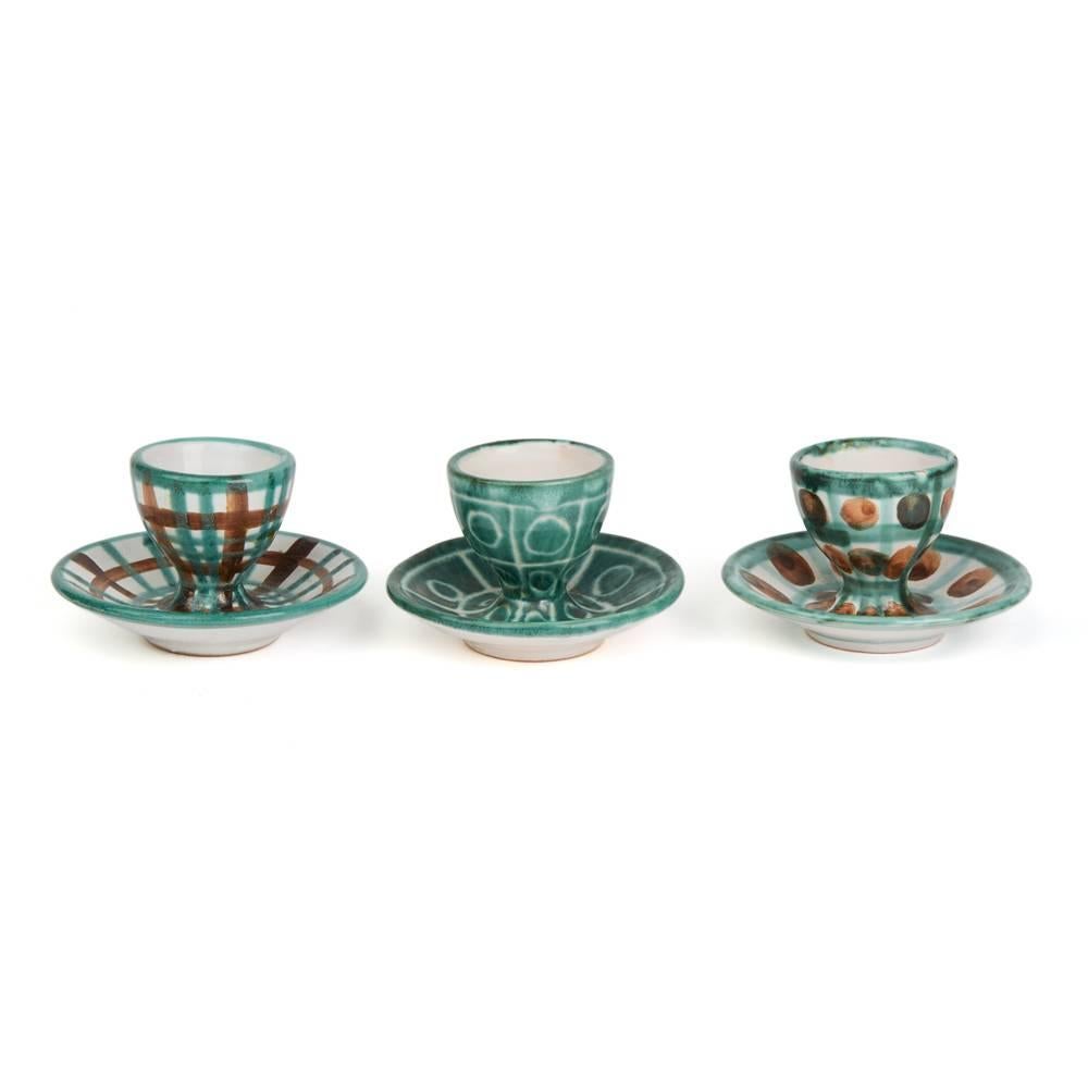 Glazed Robert Picault Vallauris Six Art Pottery Teal Eggcups, 1950s