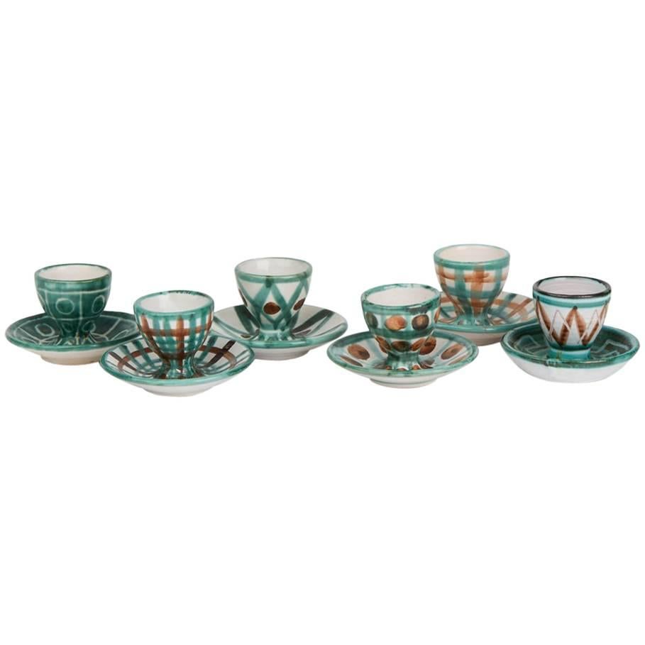 Robert Picault Vallauris Six Art Pottery Teal Eggcups, 1950s