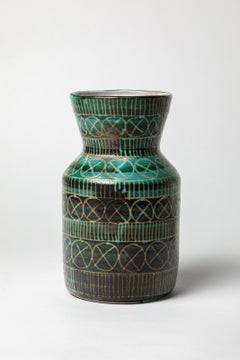Robert Picault white and green 20th century design ceramic vase Vallauris 1970