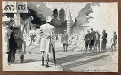 India Freedom Movement Black and White Ink Drawing Political Newspaper artist