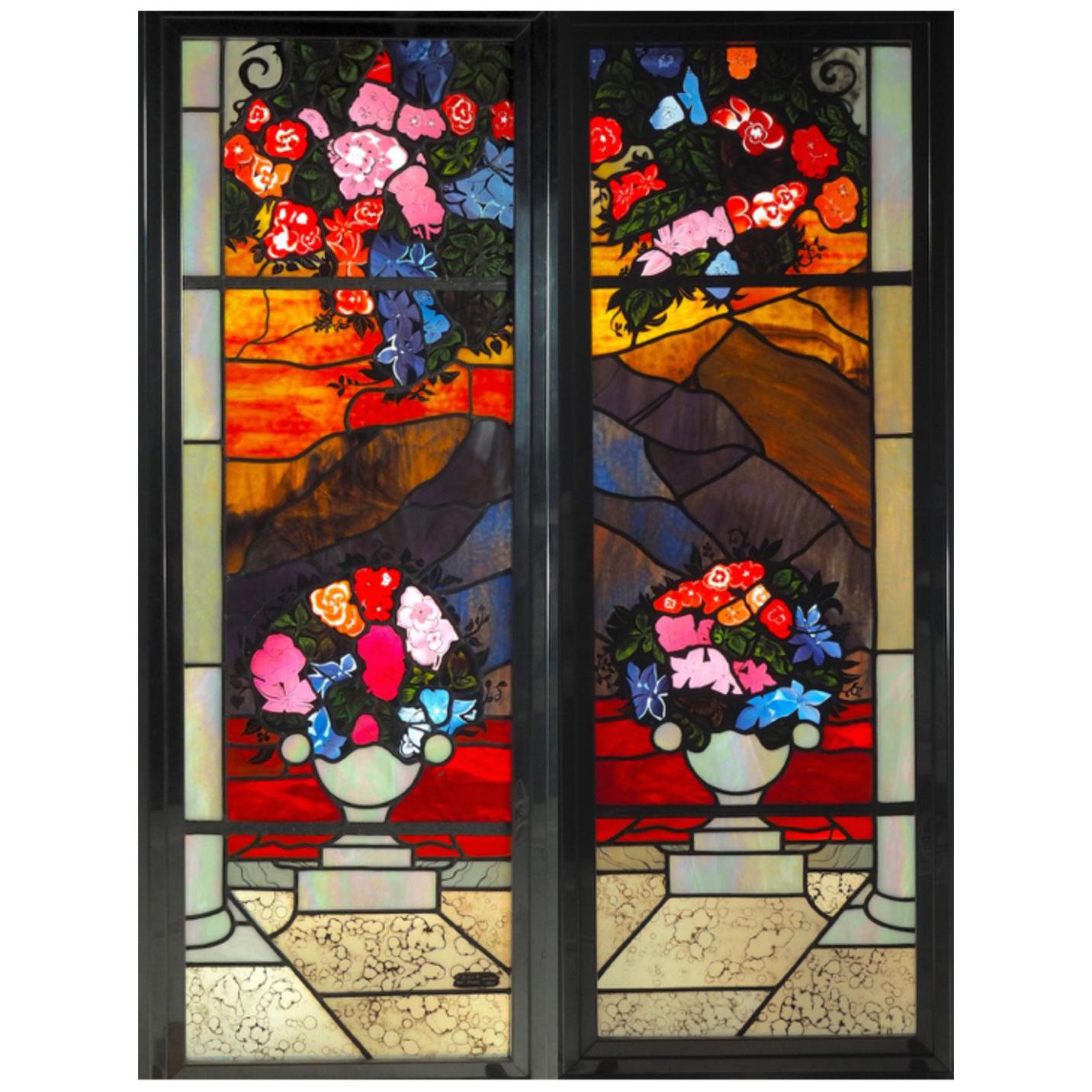 Robert Pinart and Denise Amses Pair of Glass Panels, Signed and Dated 1984