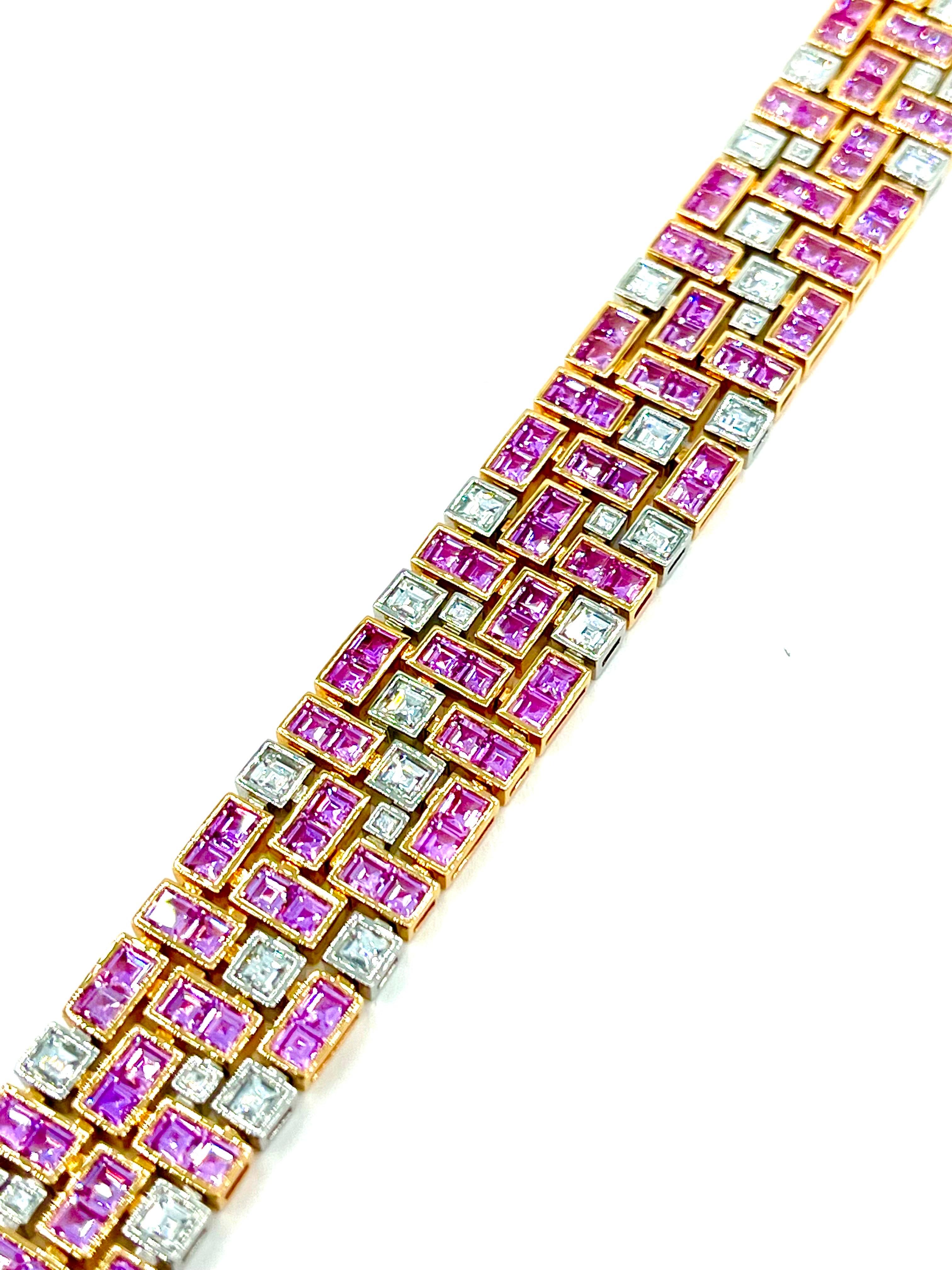 Robert Procop 13.97 Carat Square Cut Pink Sapphire and Diamond Bracelet In New Condition In Chevy Chase, MD