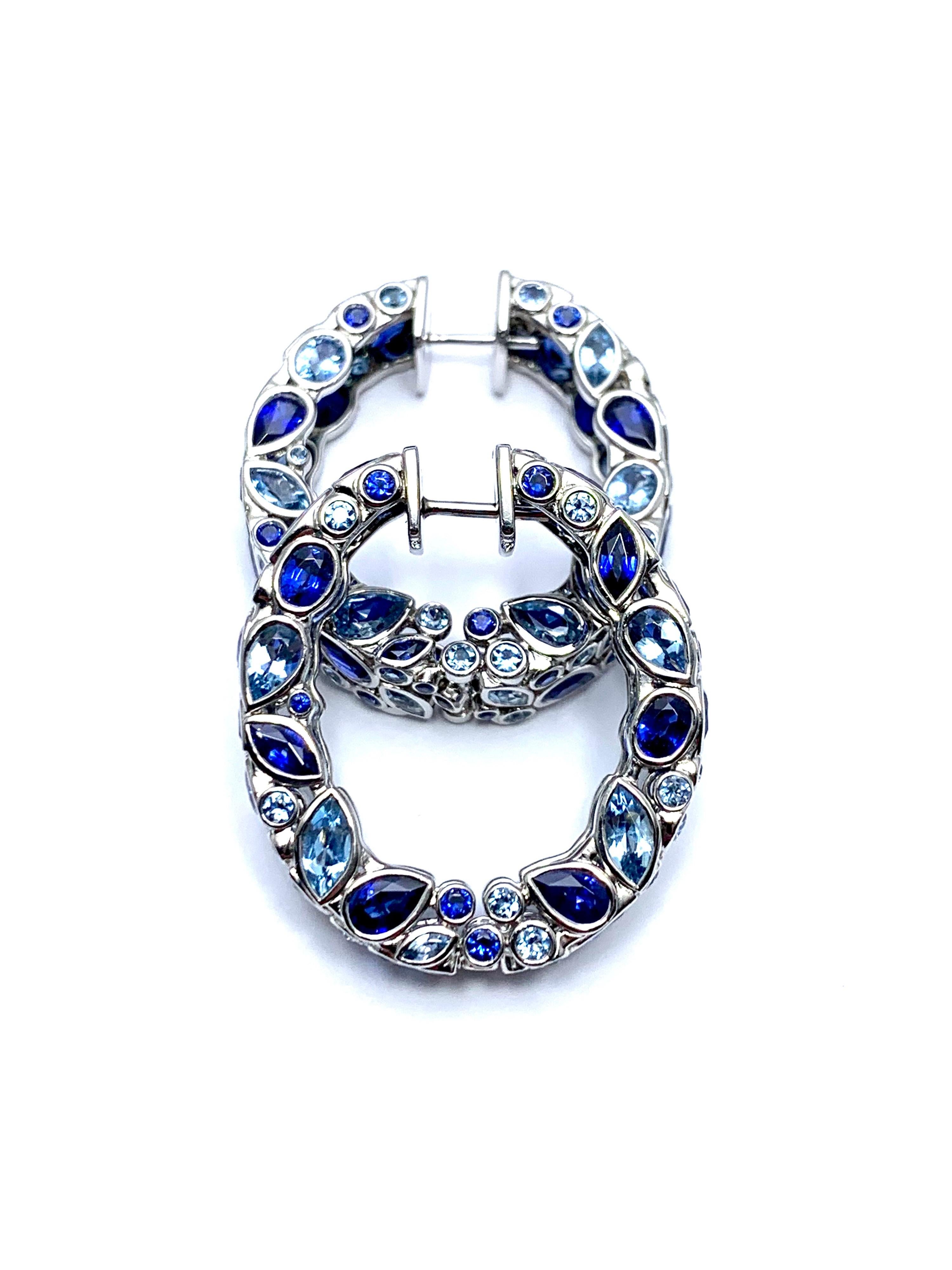 Robert Procop De La Vie Blue Sapphire and Aquamarine Platinum Hoop Earrings In New Condition In Chevy Chase, MD