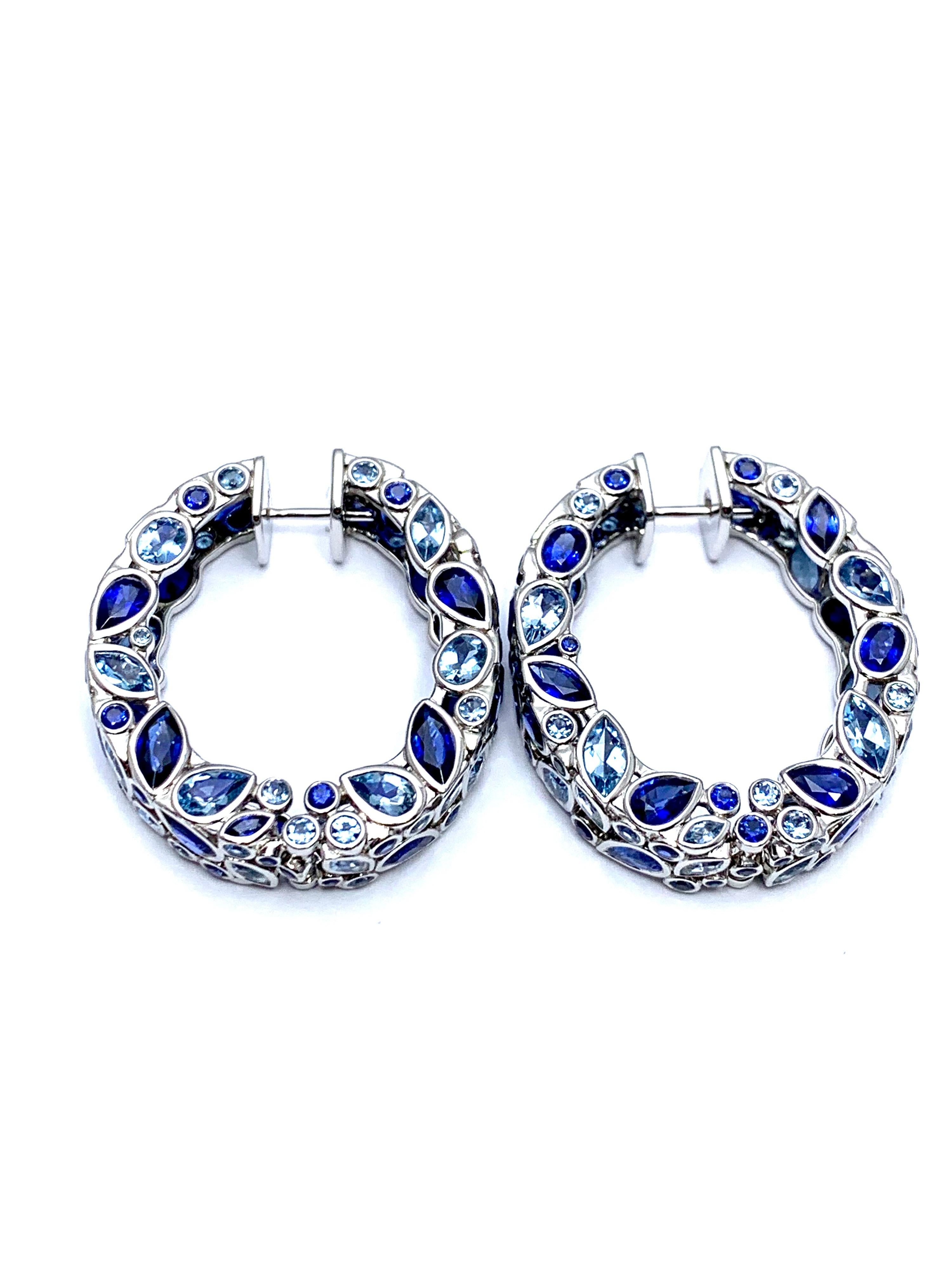 Women's or Men's Robert Procop De La Vie Blue Sapphire and Aquamarine Platinum Hoop Earrings