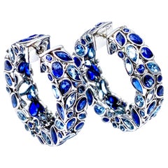 Robert Procop De La Vie Blue Sapphire and Aquamarine Platinum Hoop Earrings