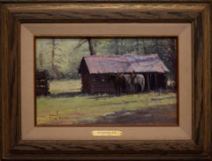 "AFTERNOON SUN"  WESTERN SCENE, HORSES AT BARN.  SMALL BUT DYNAMIC PAINTING
