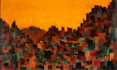 Robert Quigley Pintura al óleo abstracta sobre tabla, paisaje urbano moderno, firmada y enmarcada