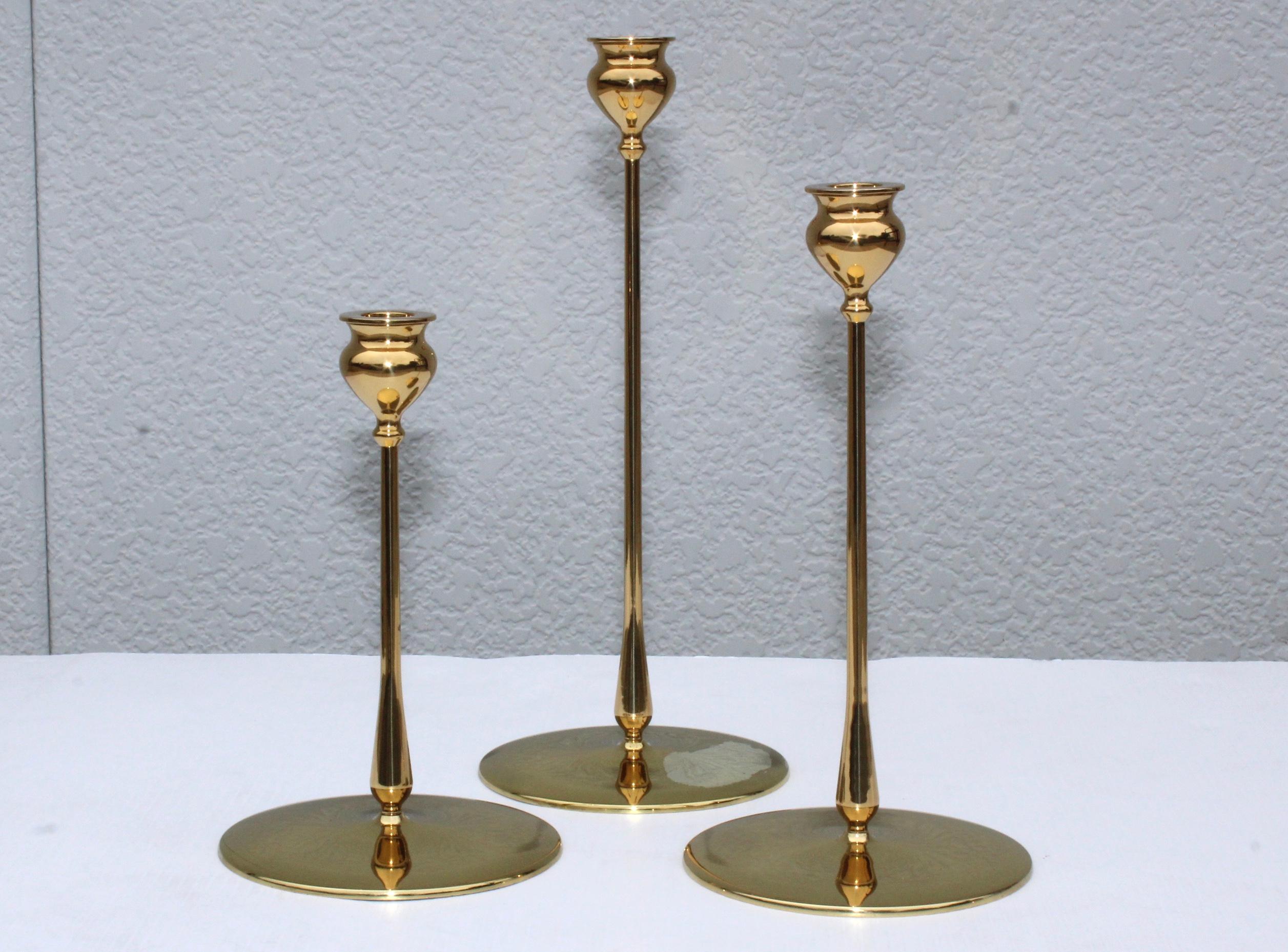 Mid-Century Modern Robert R Jarvie Style Brass Candlesticks By Virginia Metalcrafters