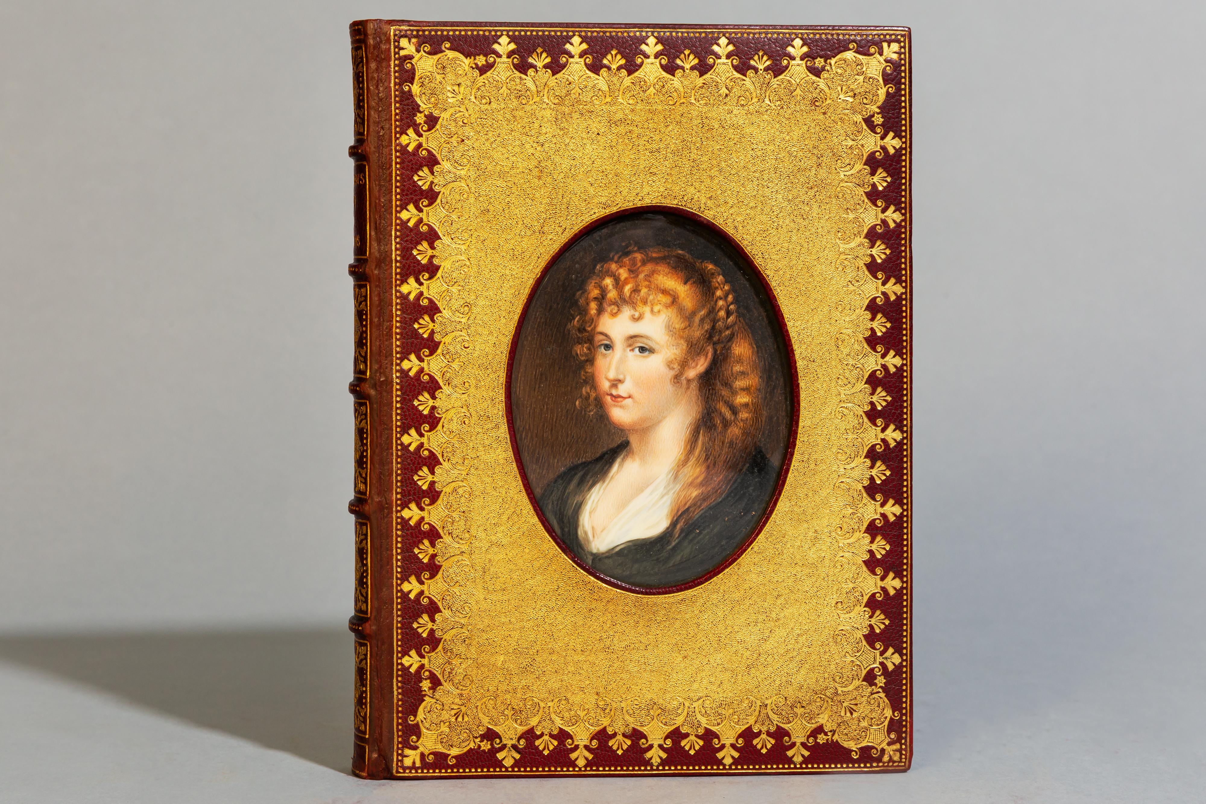 Translated from the German by Dr. Waagen, Edited by Mrs. Jameson. Bound in full red Morocco with a portrait miniature on front cover by Riviere, green silk doublers, top edges gilt, raised bands, ornate gilt on front cover, gilt panels. “Cosway