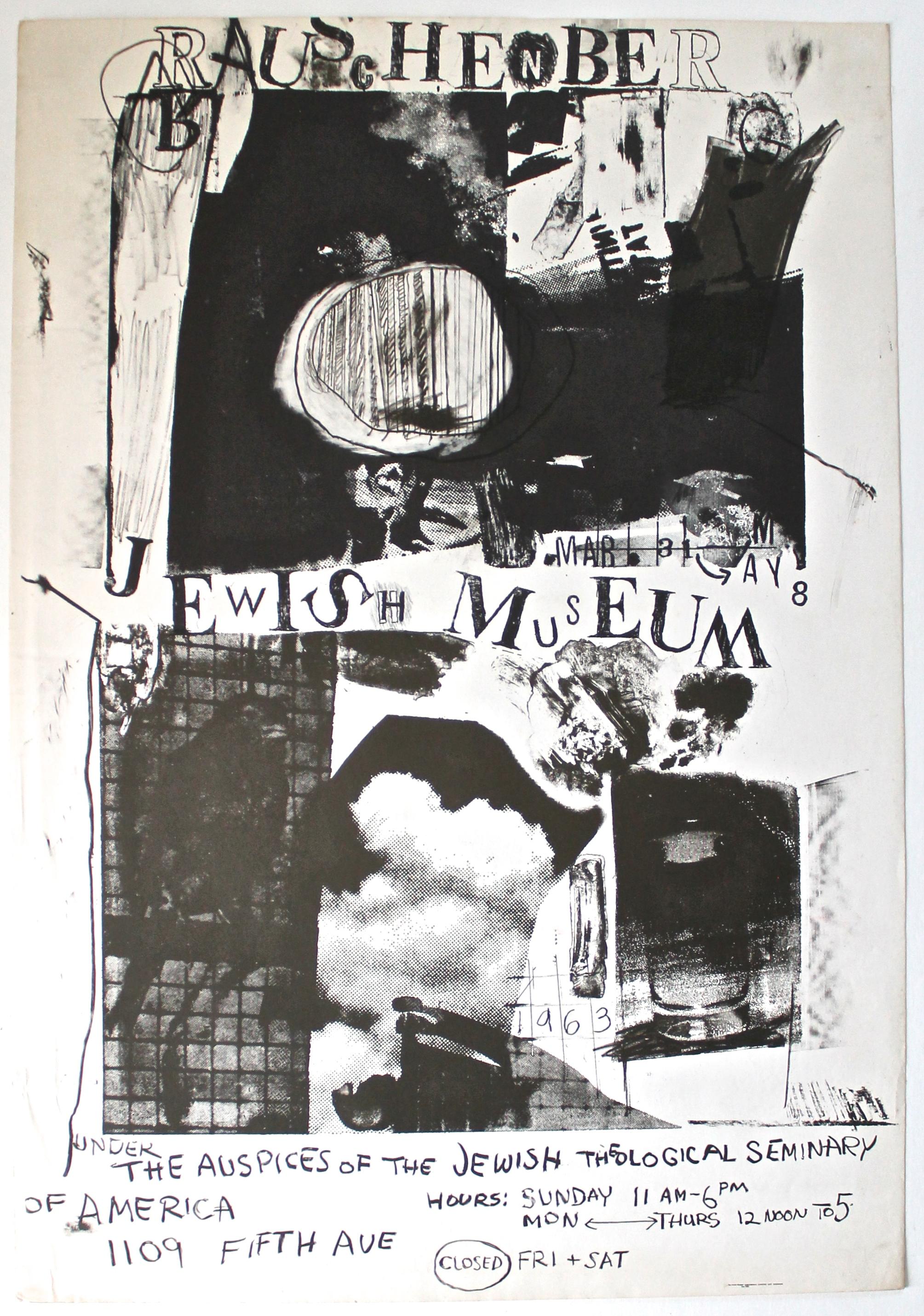 Affiche rare et importante pour la première grande rétrospective muséale de Rauschenberg. Imprimé en offset en deux tons de noir. Encadré.