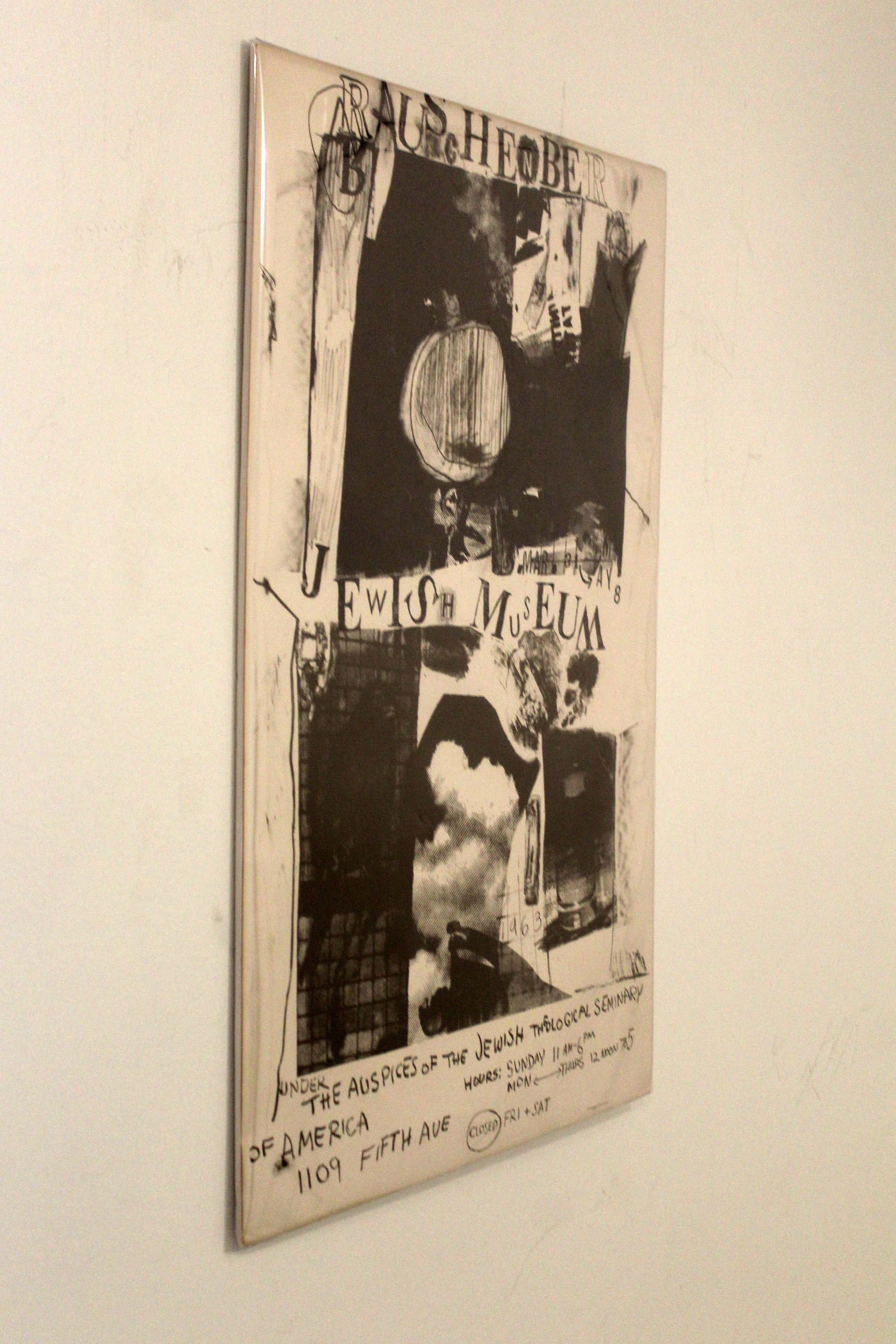 A graphic modern vintage exhibition poster showcasing Robert Rauschenberg at the Jewish Museum in New York City, March 31 - May 8 1963. Exhibition titled Under the Auspices of the Jewish Theological Seminary of American. Rauschenberg was an American