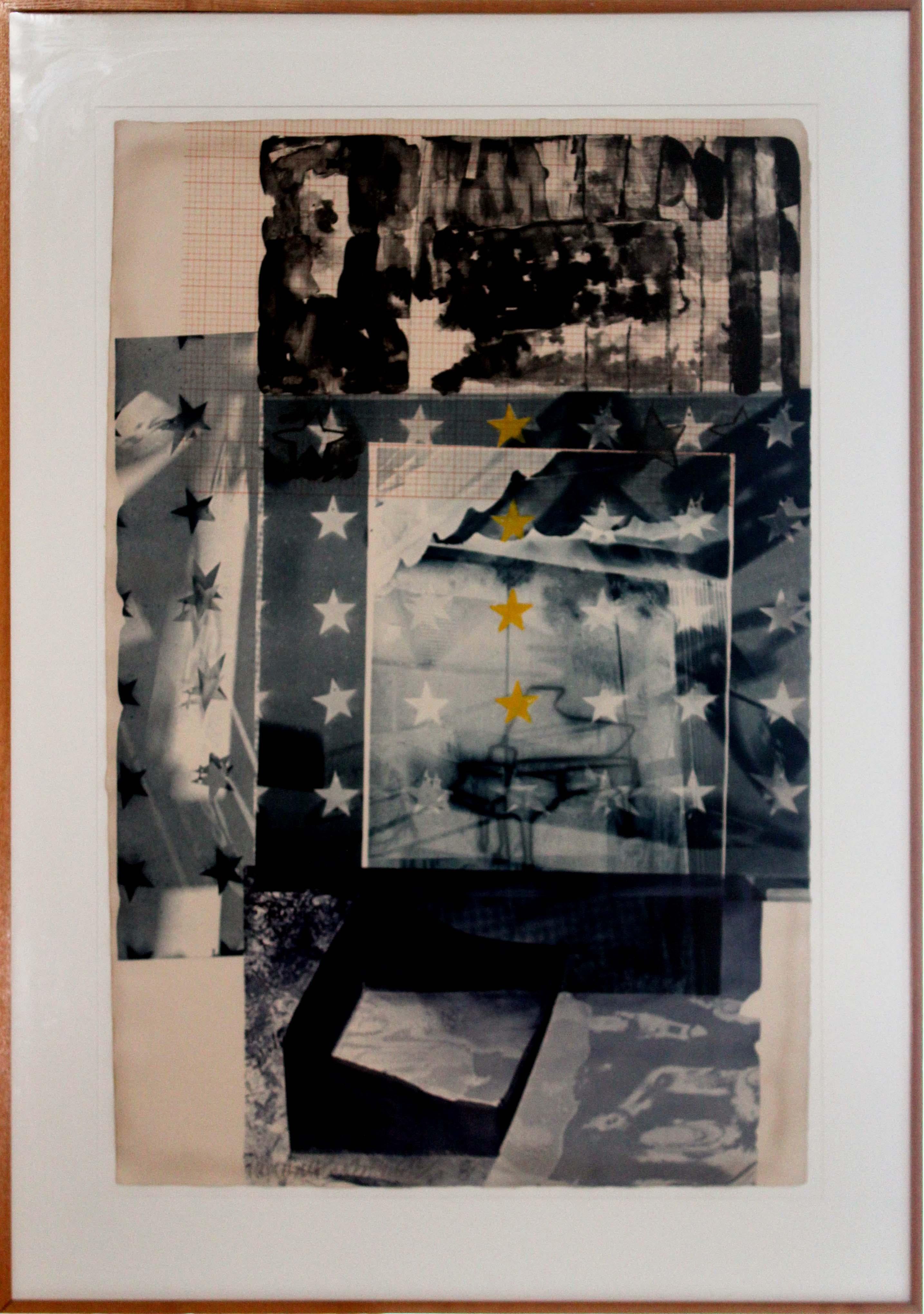 A rare graphic lithograph on paper titled “Carillon” by American pop artist Robert Rauschenberg. Signed in pencil on the bottom right, with a 12/29 annotation, and 1981 date. Published by Universal Limited Art Editions, West Islip, New York. The