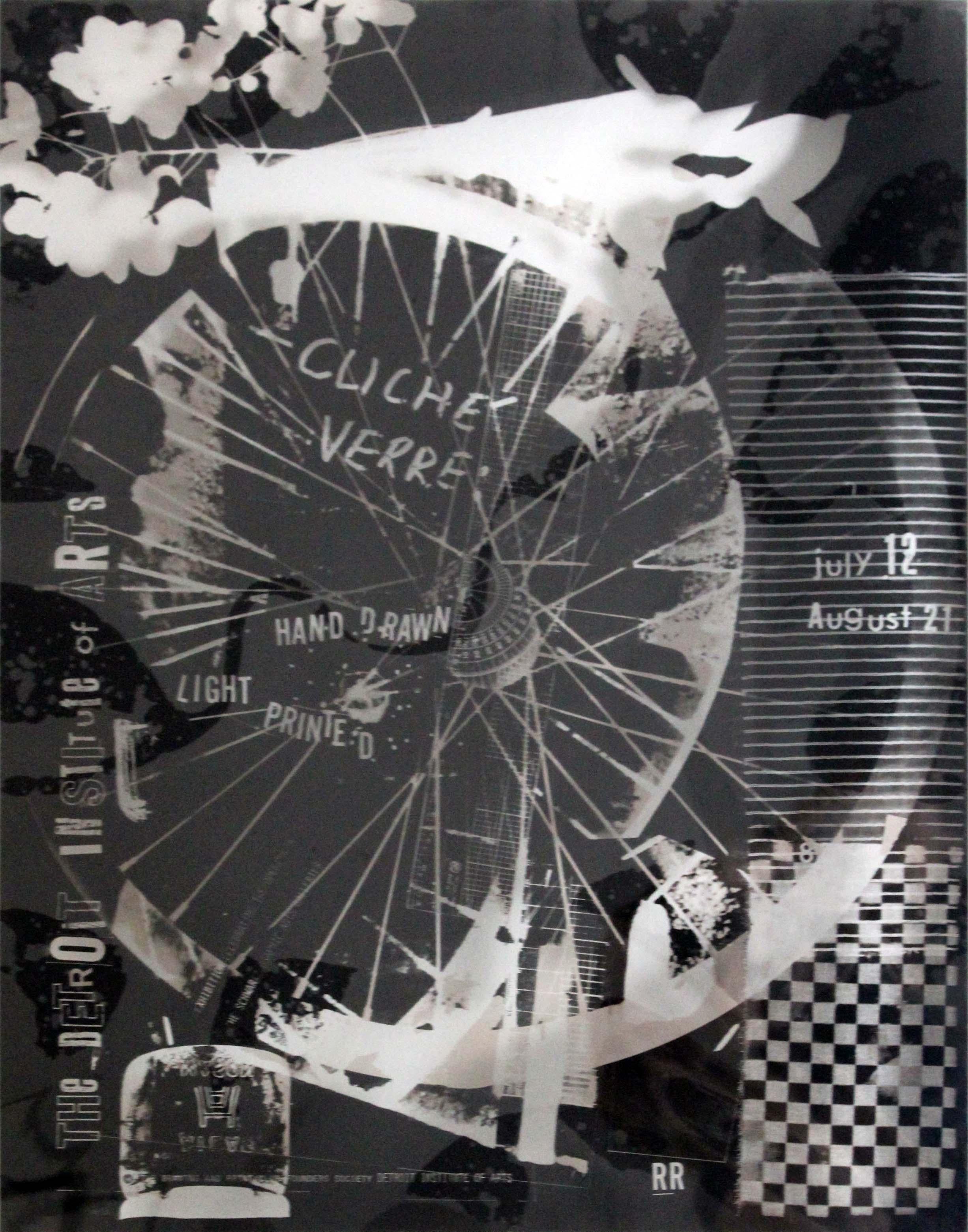 A graphic and visually interesting offset lithograph on transparent polyester (mylar) titled Cliché Verre designed by American artist Robert Rauschenberg. Showcasing a collection of hand drawn, light printed artworks to be exhibited at The Detroit