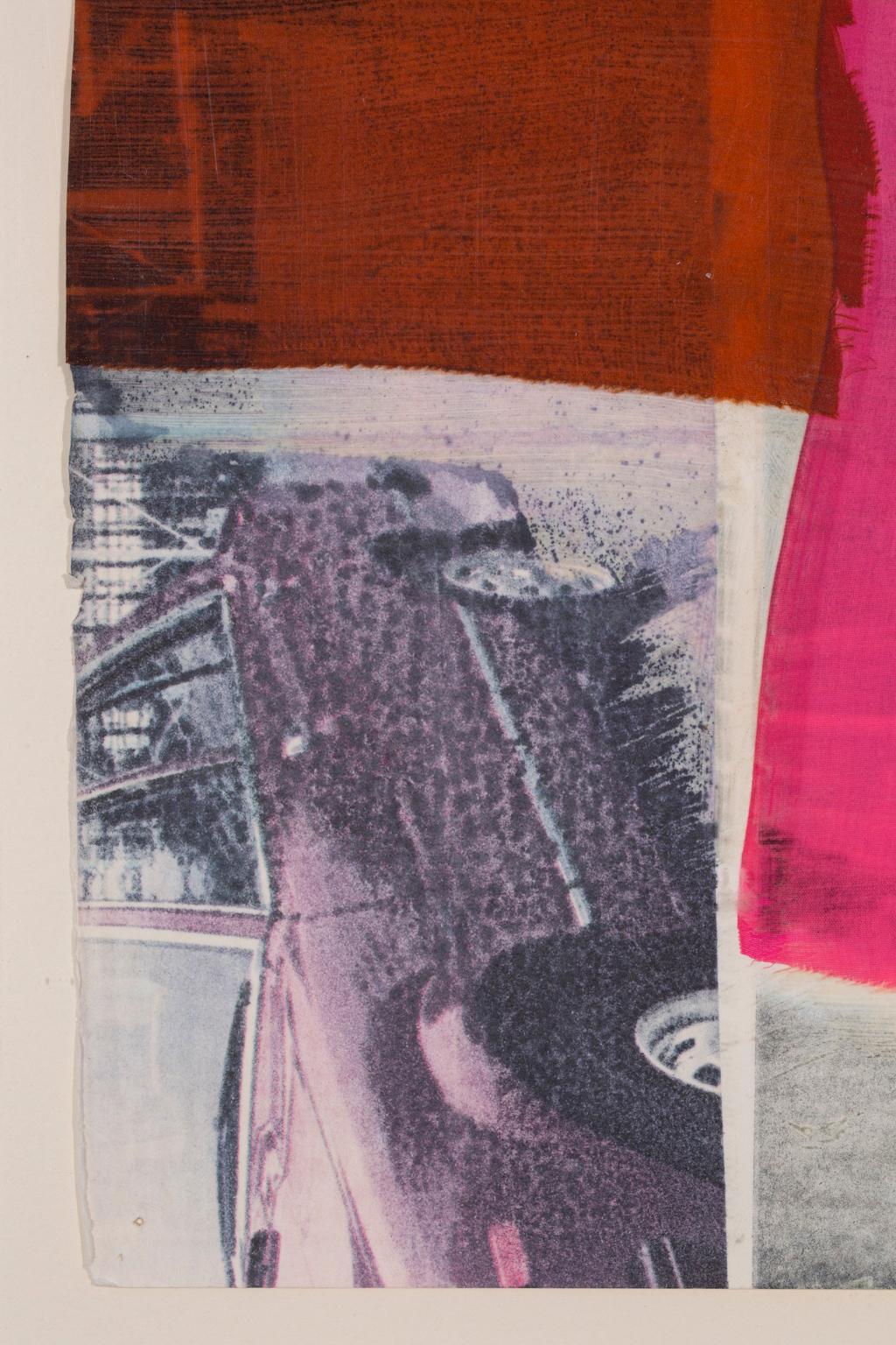 “Graft” is one of Rauschenberg collage works that also incorporates his use of image transfer onto the two-dimensional paper. The title “Graft” seems to give a nod to the grafting of the pink fabric and the red linear material onto the paper’s