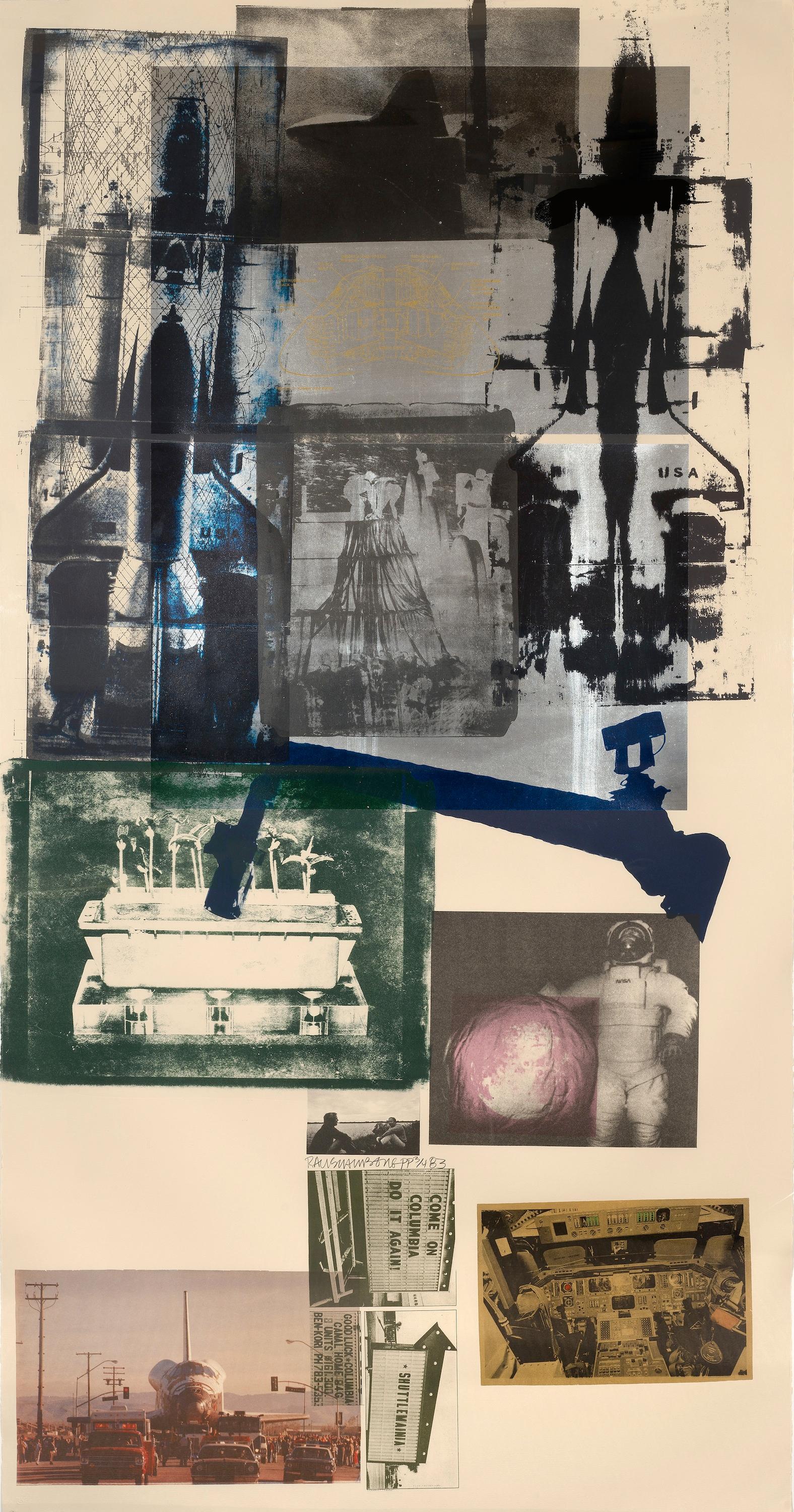 This Post- Modern, lithograph work by Robert Rauschenberg, depicts the American space age. Featuring various elements of space travel and flight, the collage shows true American technology and culture. This work is edition 12 of 29.

Considered by