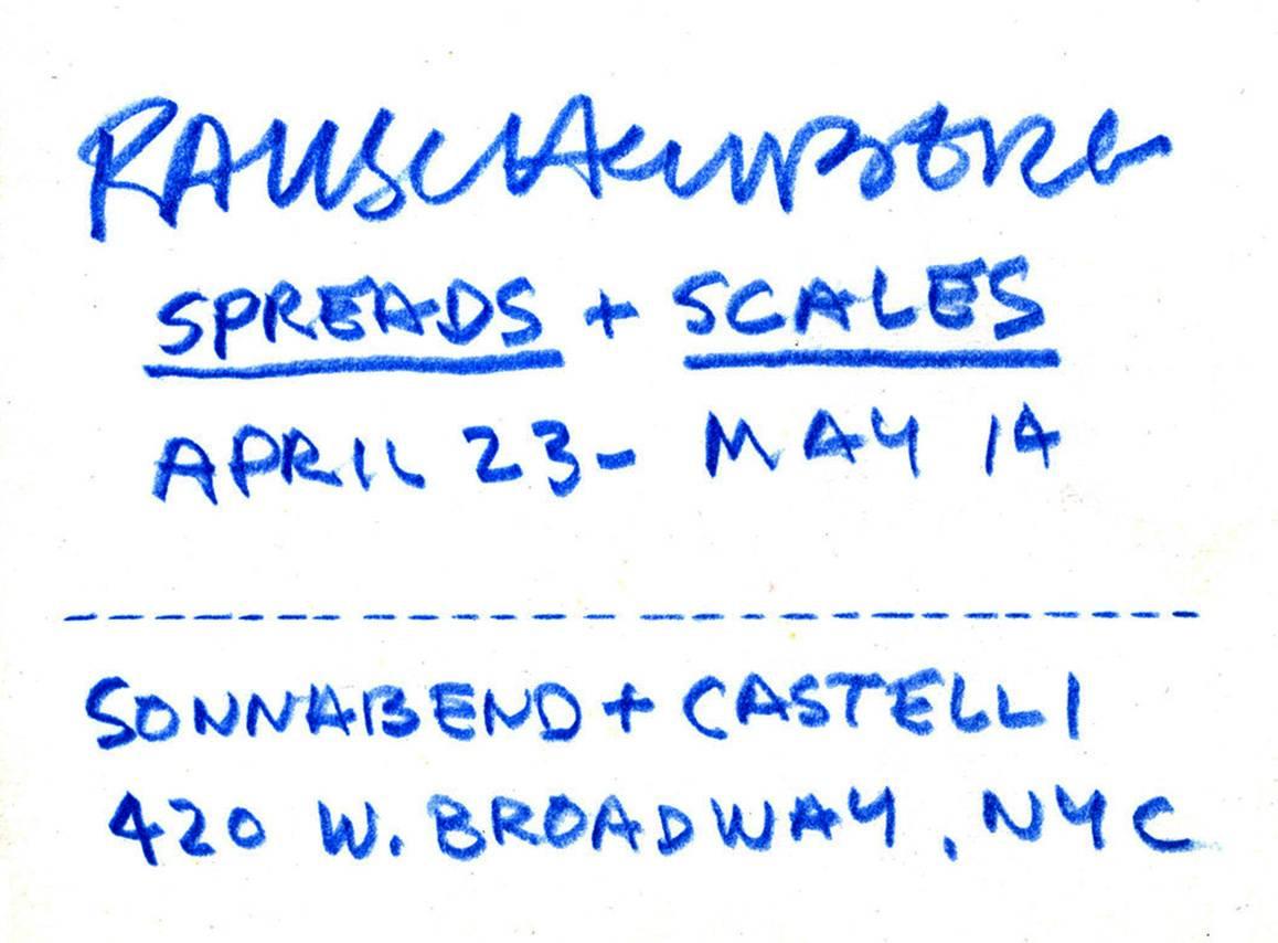 Vintage (after) Robert Rauschenberg announcement card 
Published in conjunction with: Robert Rauschenberg: Spreads and Scales: April 23–May 23, Leo Castelli and Sonnabend Gallery, New York, 1977. A unique vintage pop art collectible that would look