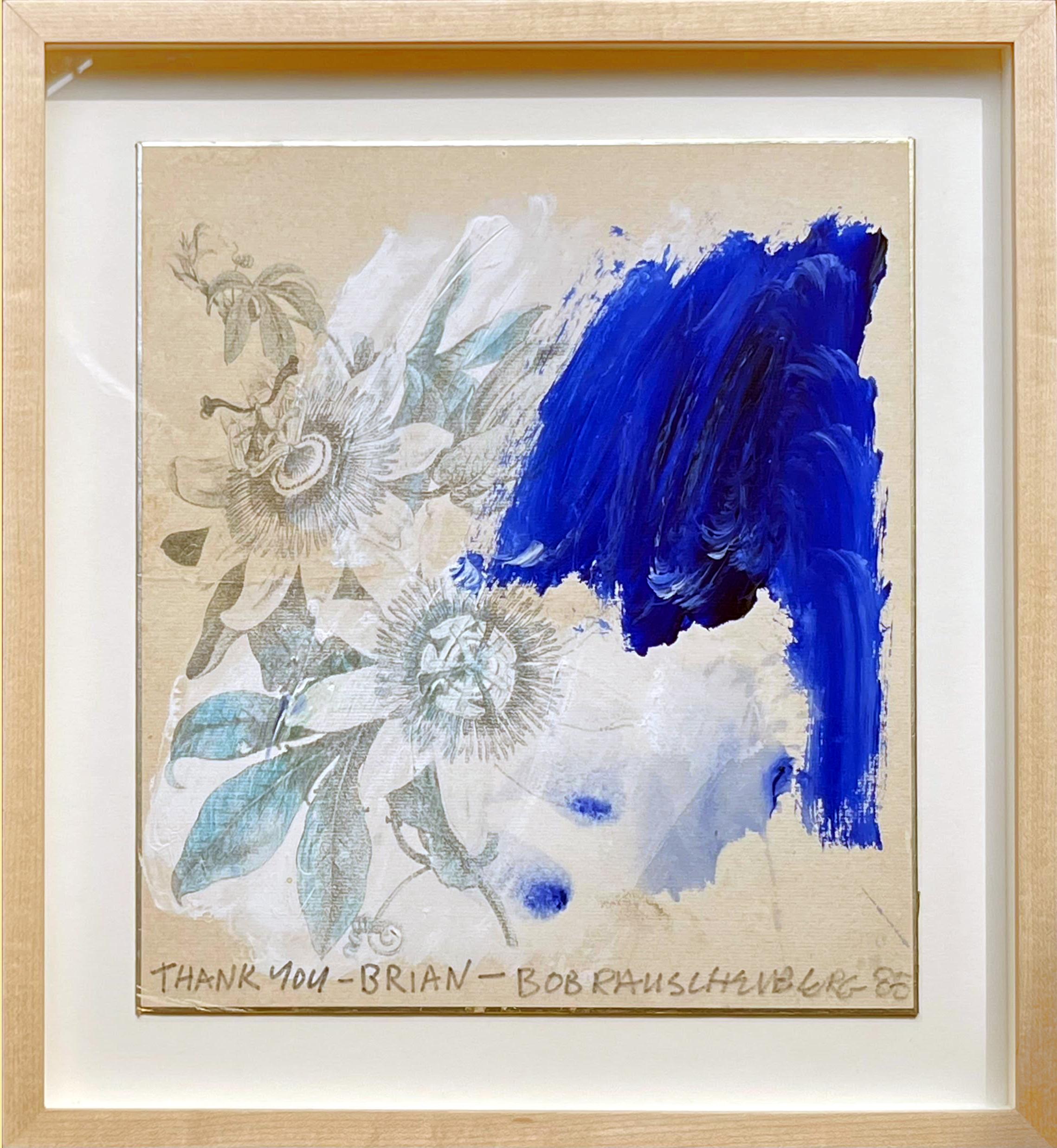 Robert Rauschenberg
Abstract Composition (Robert Rauschenberg Foundation #88.D109), 1988
Solvent transfer, watercolor, and gouache on Japanese dedication board
Hand-signed by artist, Hand Signed and Inscribed "Thank You - Brian - by Rauschenberg on