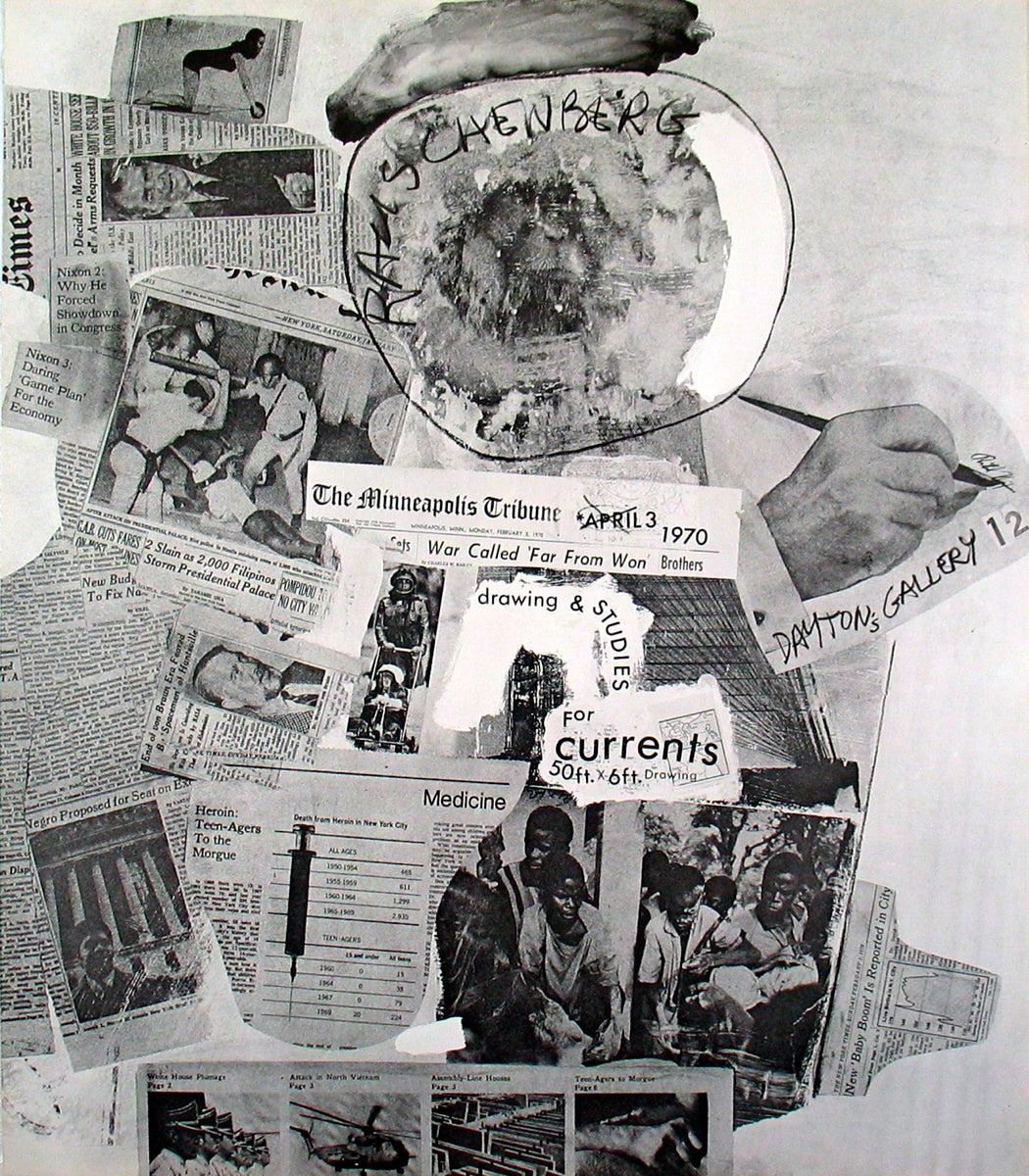 Original exhibition poster created for Robert Rauschenberg’s landmark show “Currents,” held at Dayton’s Gallery 12, April 3, 1970. Printed on heavy stock paper, this poster belongs to the original edition produced at the time of the exhibition.