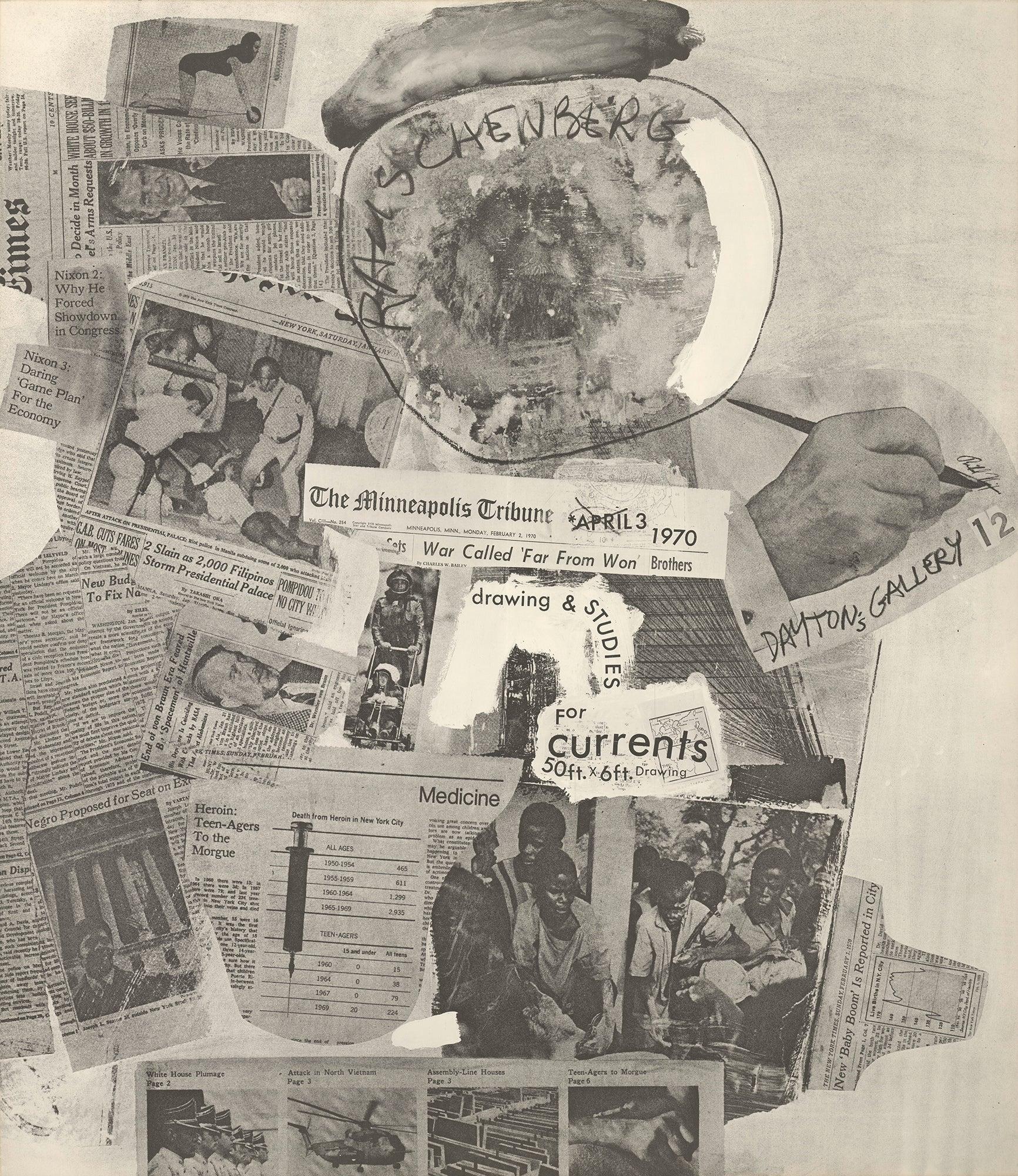 Original exhibition poster produced for Robert Rauschenberg’s 1970 show “Drawing and Studies for Currents” at Dayton’s Gallery 12. This striking, monochromatic design reflects Rauschenberg’s signature collage aesthetic, integrating newspaper