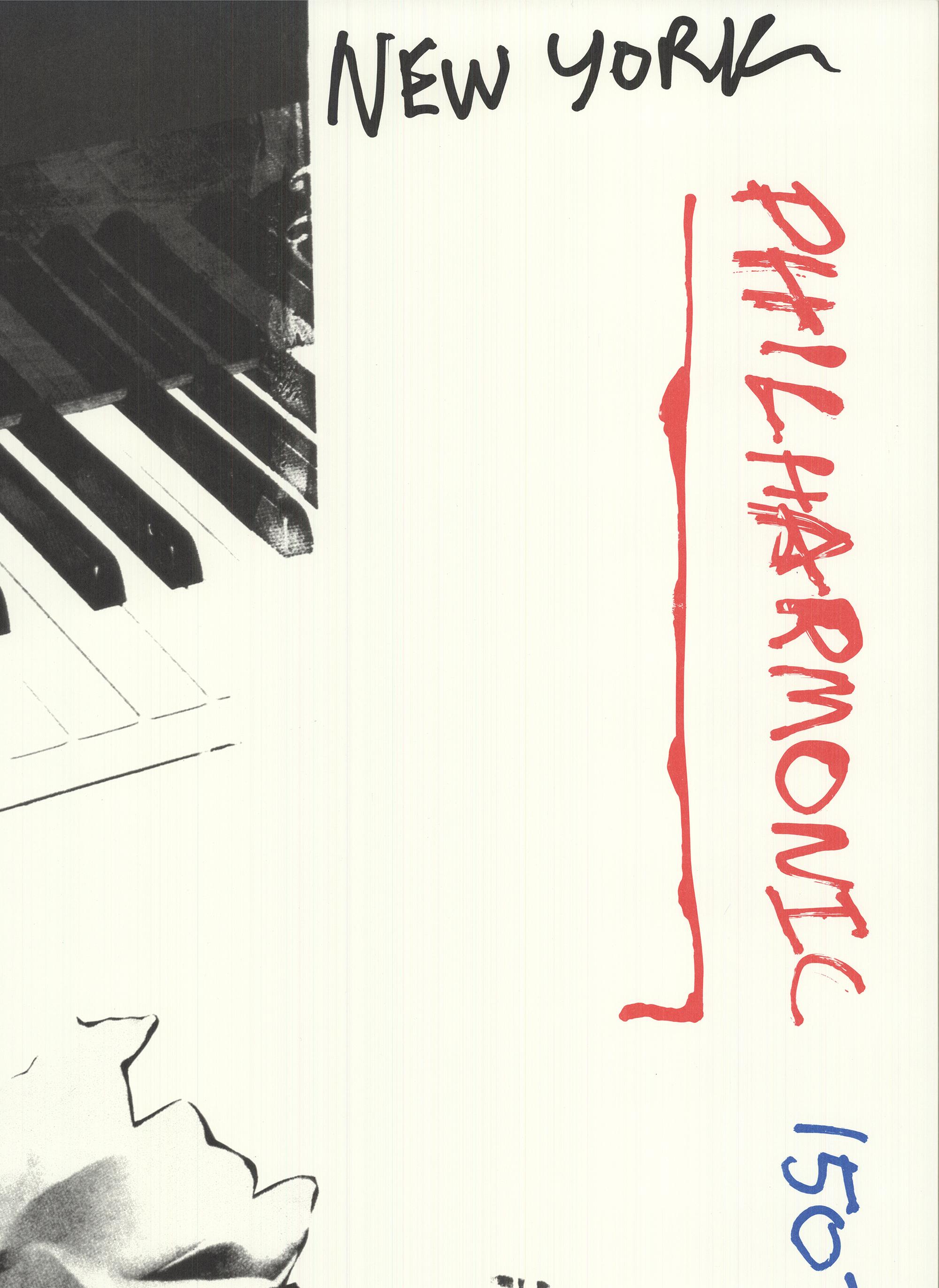 This original poster by Robert Rauschenberg was created for the Lincoln Center New York Philharmonic's 150th Anniversary on December 7, 1992. Printed by ULAE, it is part of an edition of 800 on textured matte cotton cover stock. The poster is