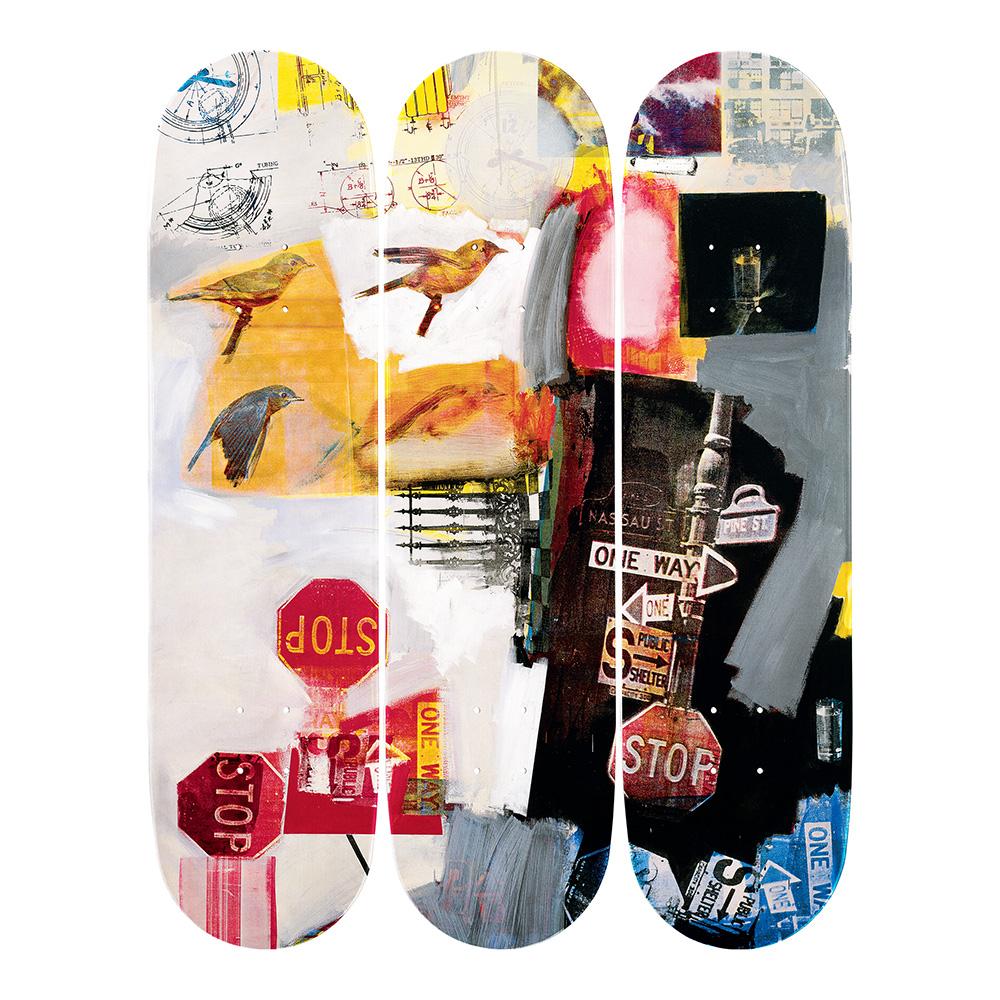 Robert Rauschenberg - OVERDRIVE
Date of creation: 2017
Medium: Digital print on Canadian maple wood
Edition: 300
Size: 80 x 20 cm (each skate)
Condition: In mint conditions and never displayed
This triptych is formed by three skate decks made of 7