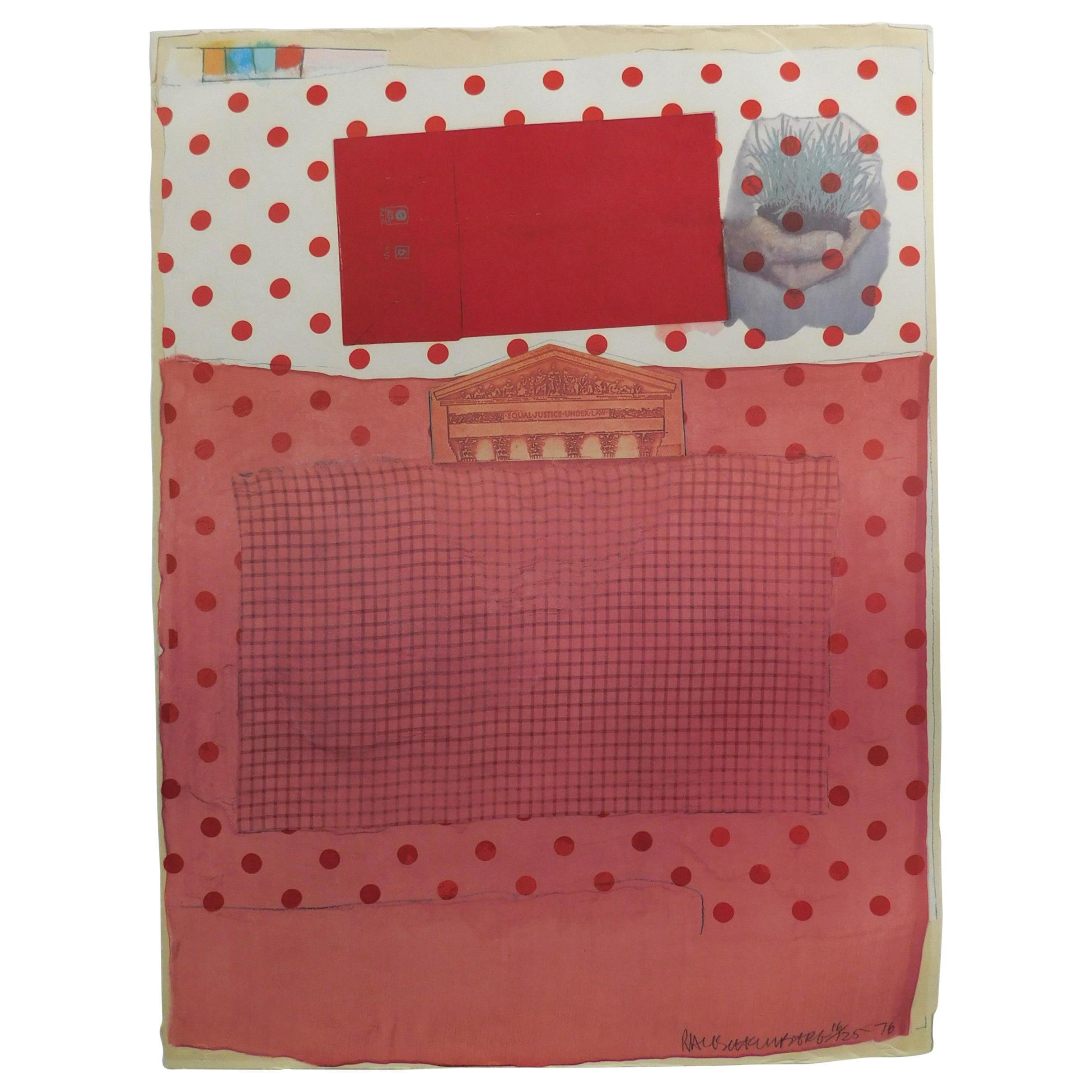 Robert Rauschenberg pop art offset lithograph created 1976. 
Pencil signed, dated, and numbered lower right. 
The edition size is 16 of 125. Titled: Artists rights today.
The work is in excellent condition with full margins.
It presents in a 4-ply